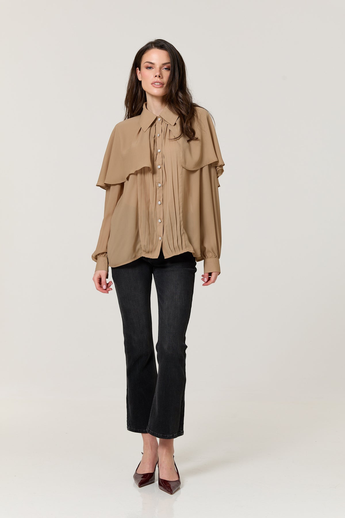 
                  
                    Camel Cape Detail Pleated Blouse
                  
                