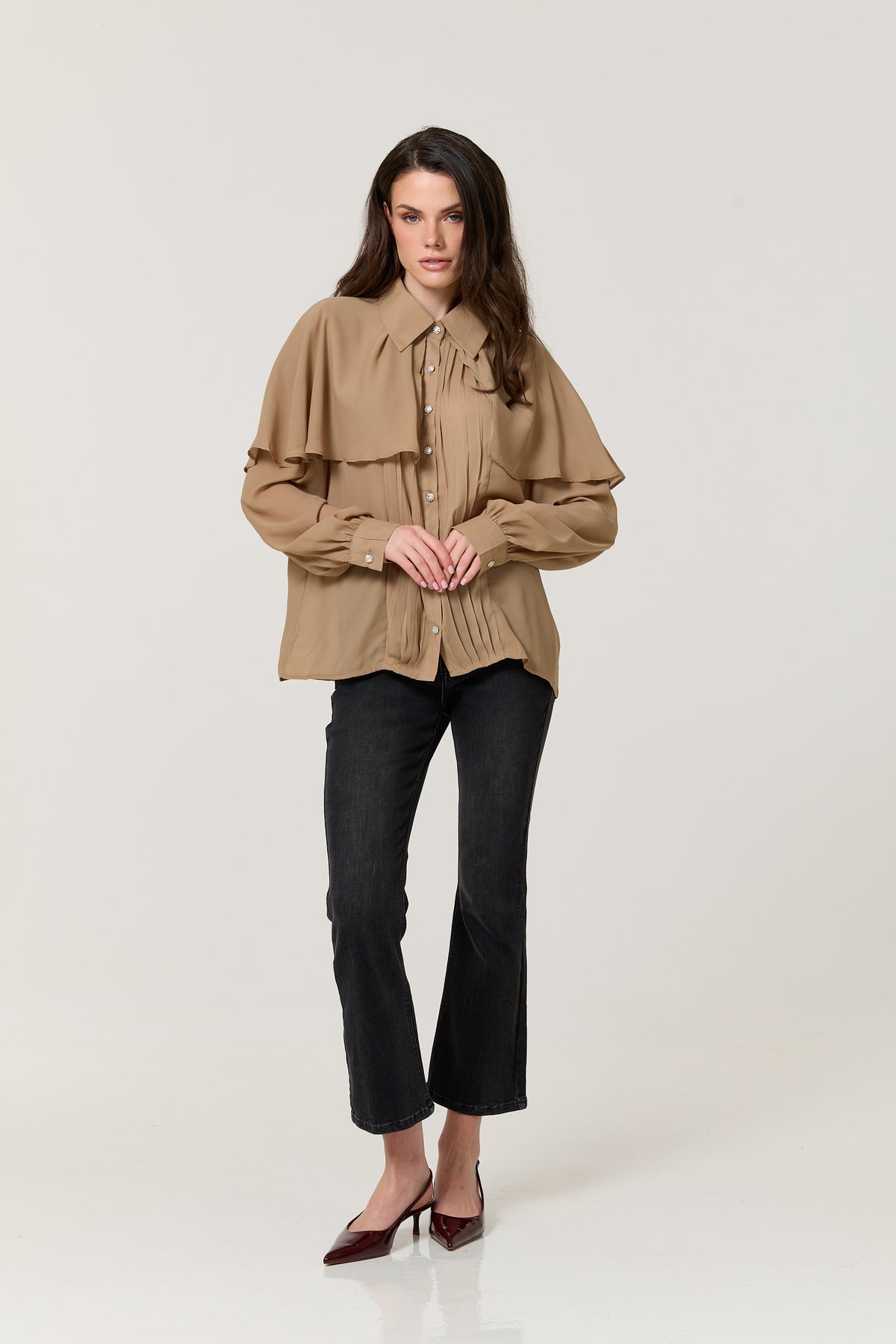 
                  
                    Camel Cape Detail Pleated Blouse
                  
                