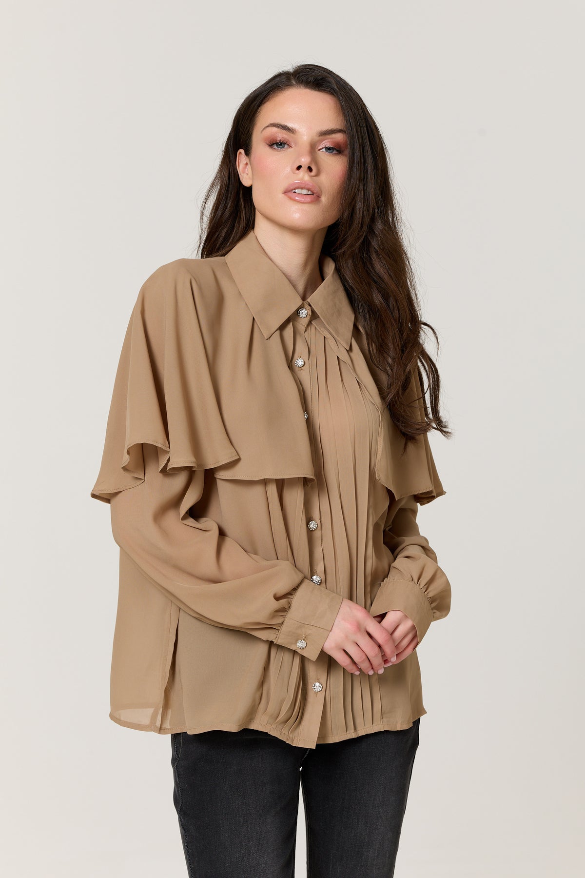 
                  
                    Camel Cape Detail Pleated Blouse
                  
                