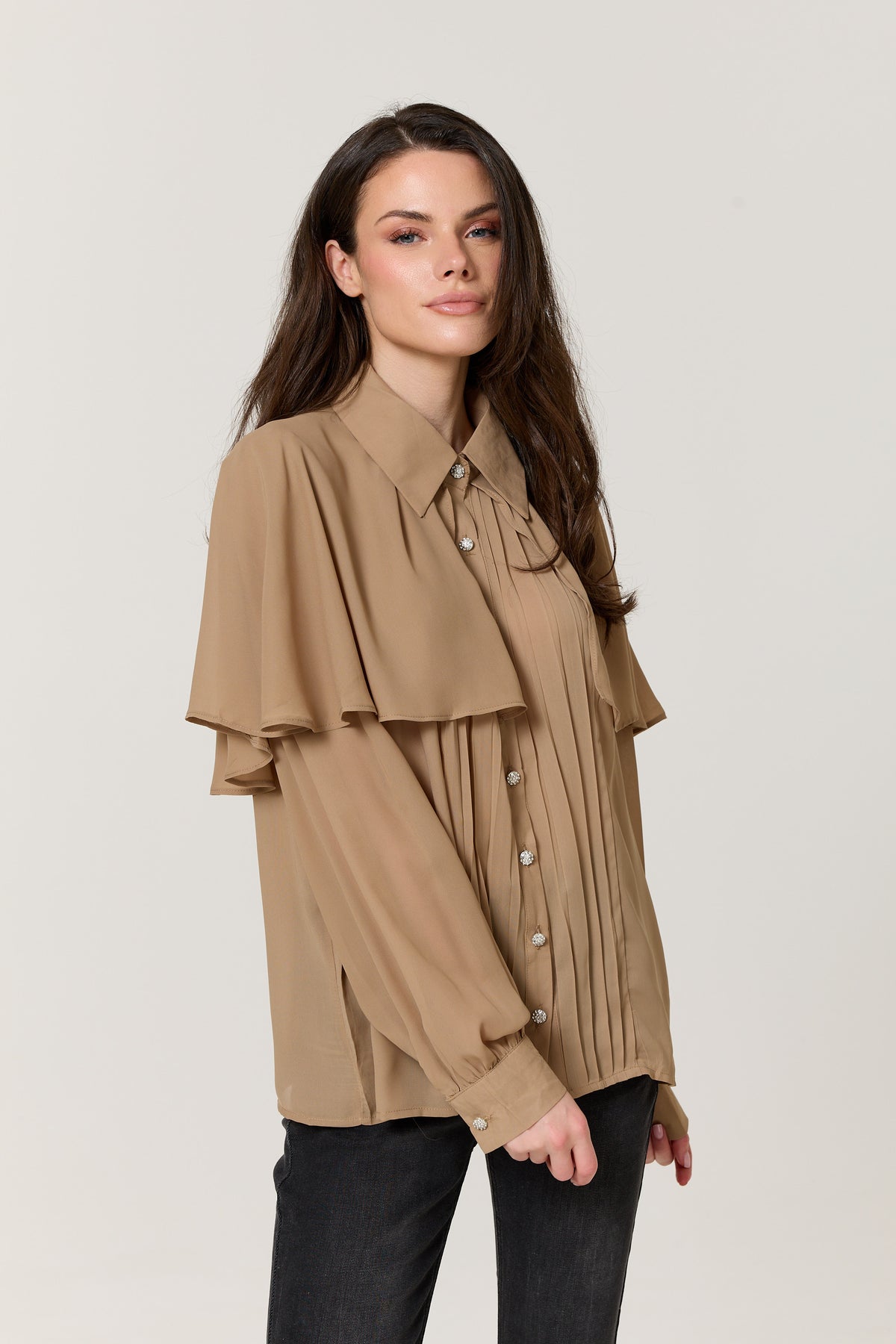 
                  
                    Camel Cape Detail Pleated Blouse
                  
                