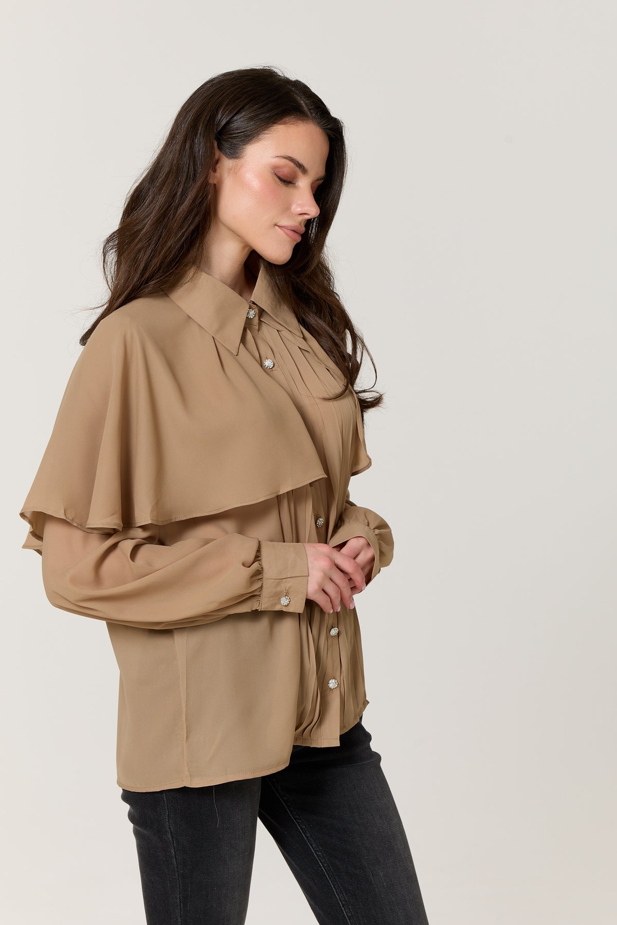 
                  
                    Camel Cape Detail Pleated Blouse
                  
                