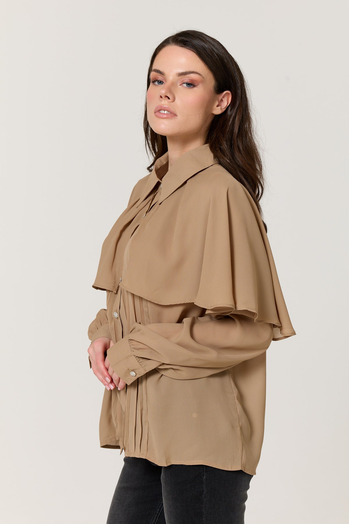 
                  
                    Camel Cape Detail Pleated Blouse
                  
                