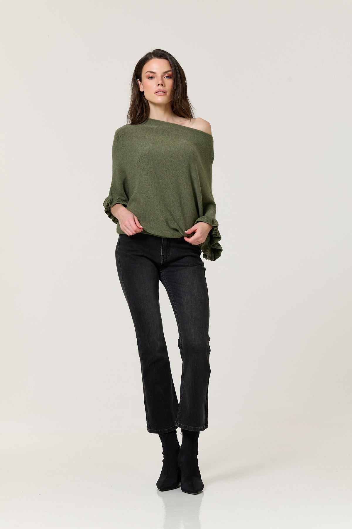 
                  
                    Khaki Ruffle Sleeve Batwing Jumper
                  
                