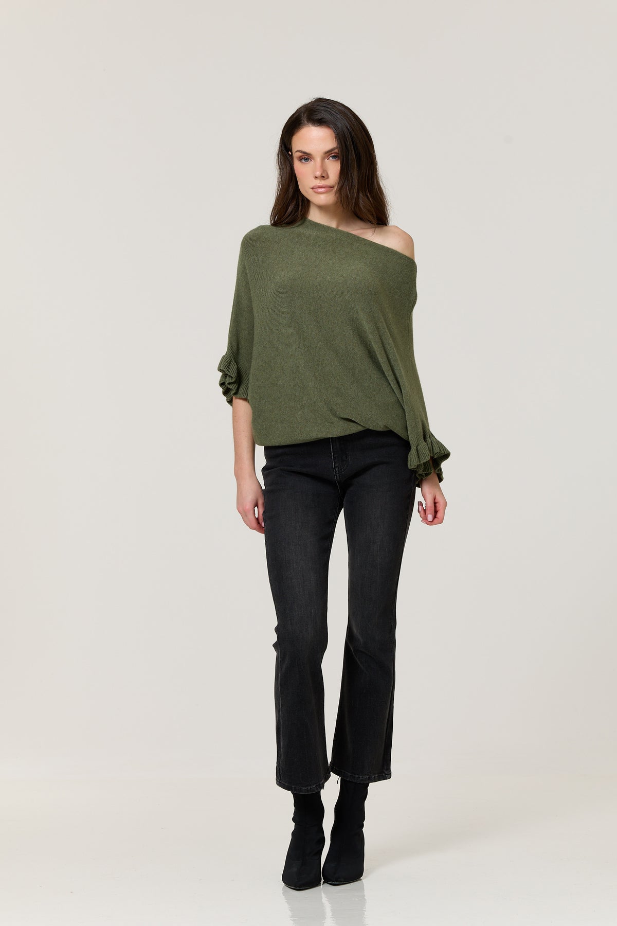 
                  
                    Khaki Ruffle Sleeve Batwing Jumper
                  
                