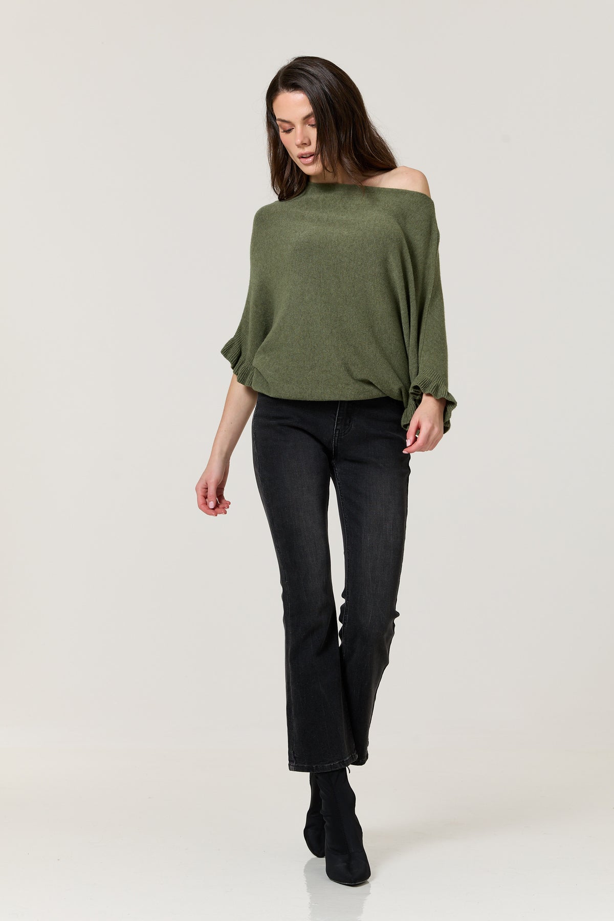 
                  
                    Khaki Ruffle Sleeve Batwing Jumper
                  
                