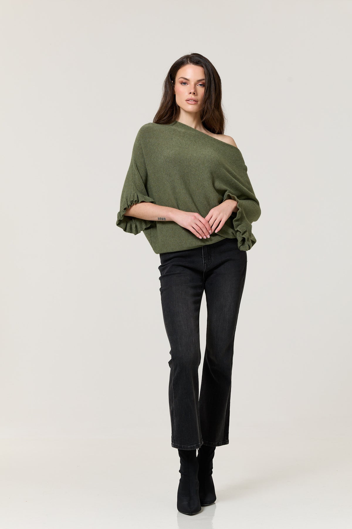 
                  
                    Khaki Ruffle Sleeve Batwing Jumper
                  
                