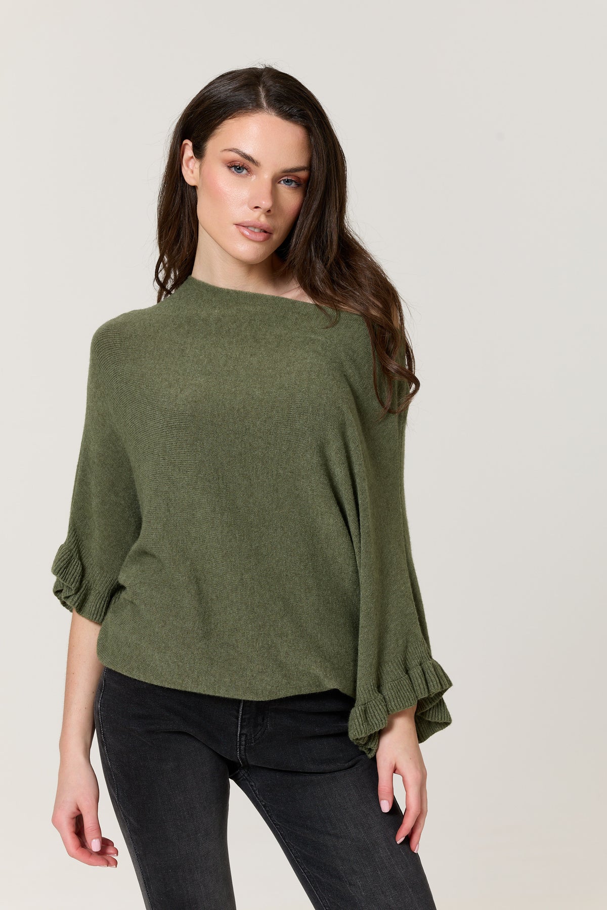 
                  
                    Khaki Ruffle Sleeve Batwing Jumper
                  
                