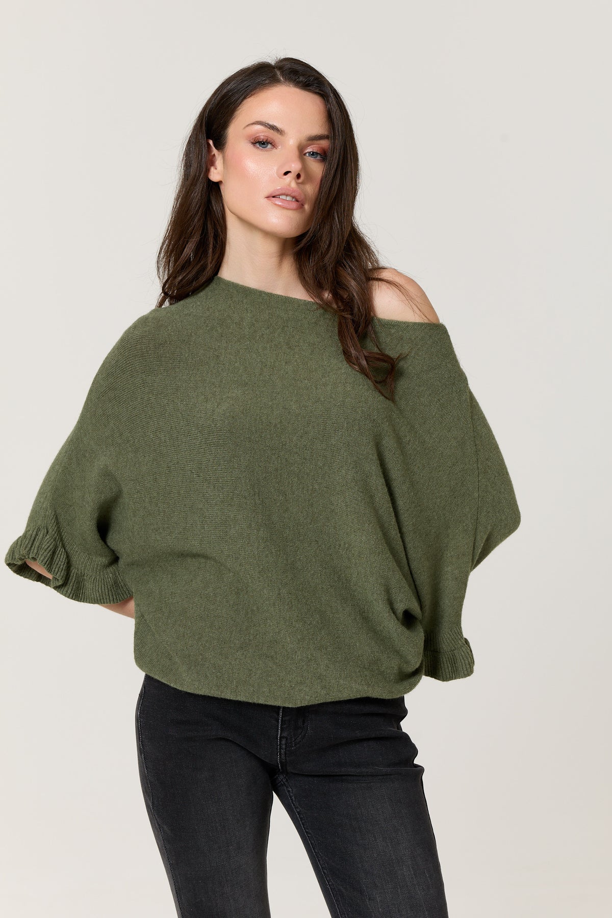 
                  
                    Khaki Ruffle Sleeve Batwing Jumper
                  
                