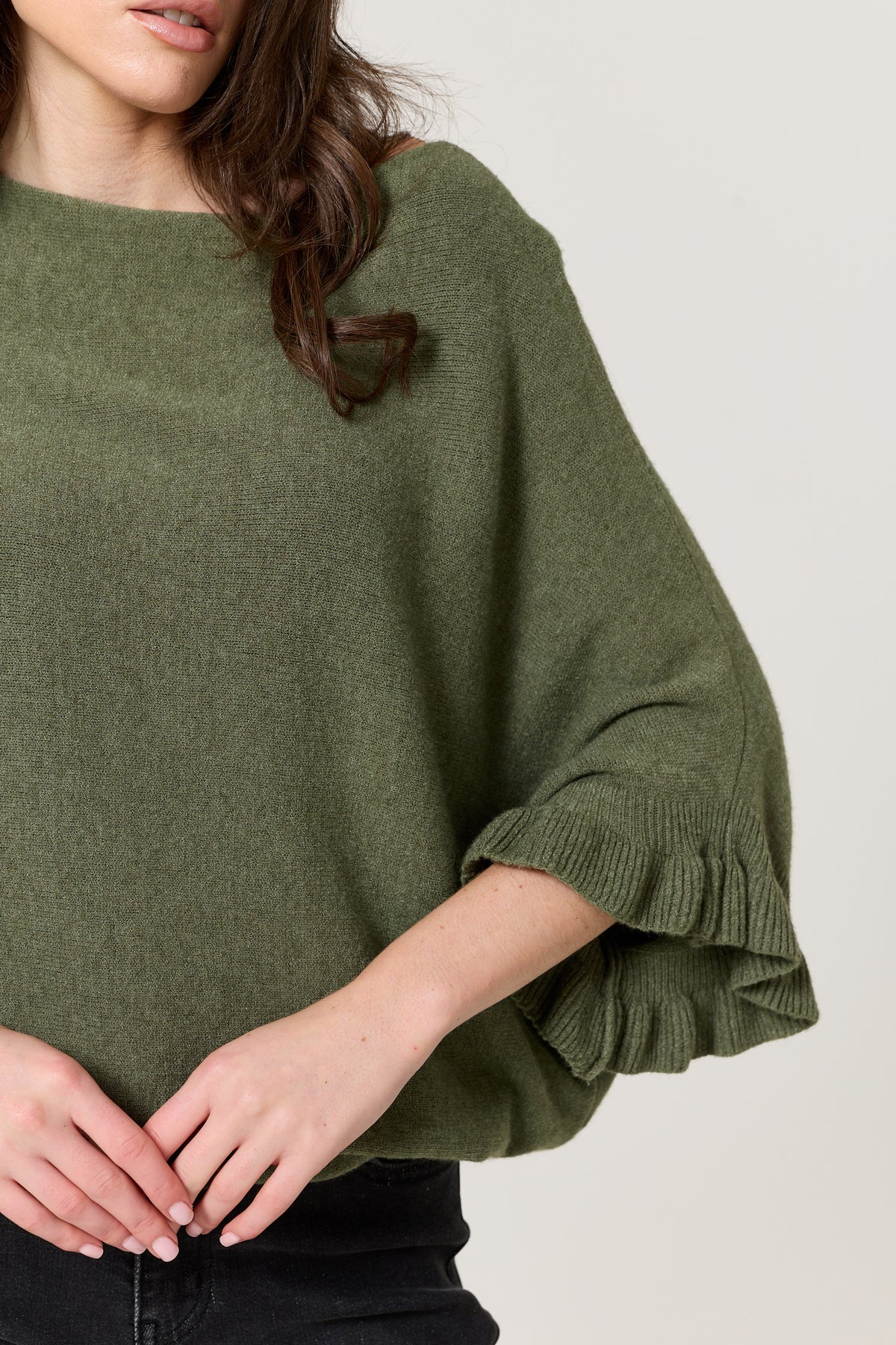 
                  
                    Khaki Ruffle Sleeve Batwing Jumper
                  
                