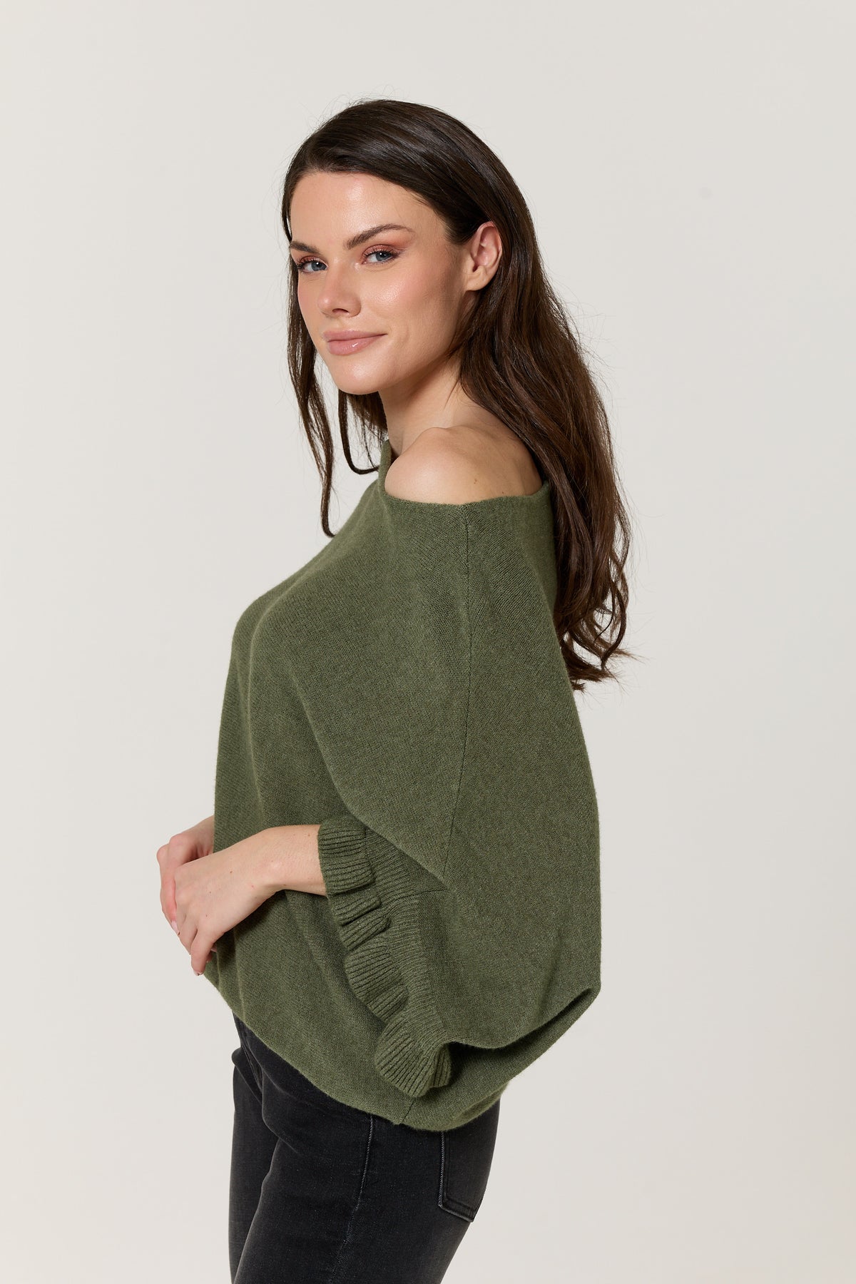 
                  
                    Khaki Ruffle Sleeve Batwing Jumper
                  
                