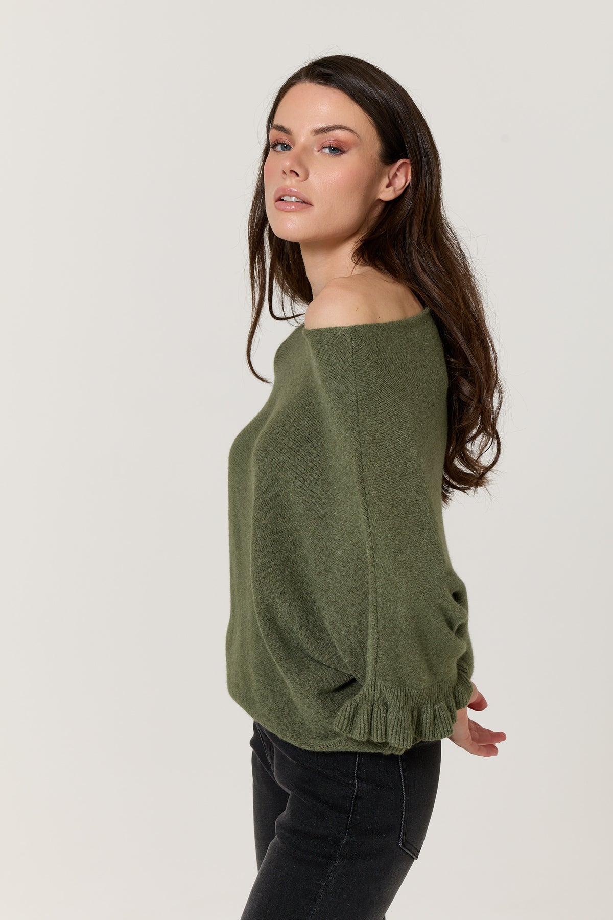 
                  
                    Khaki Ruffle Sleeve Batwing Jumper
                  
                
