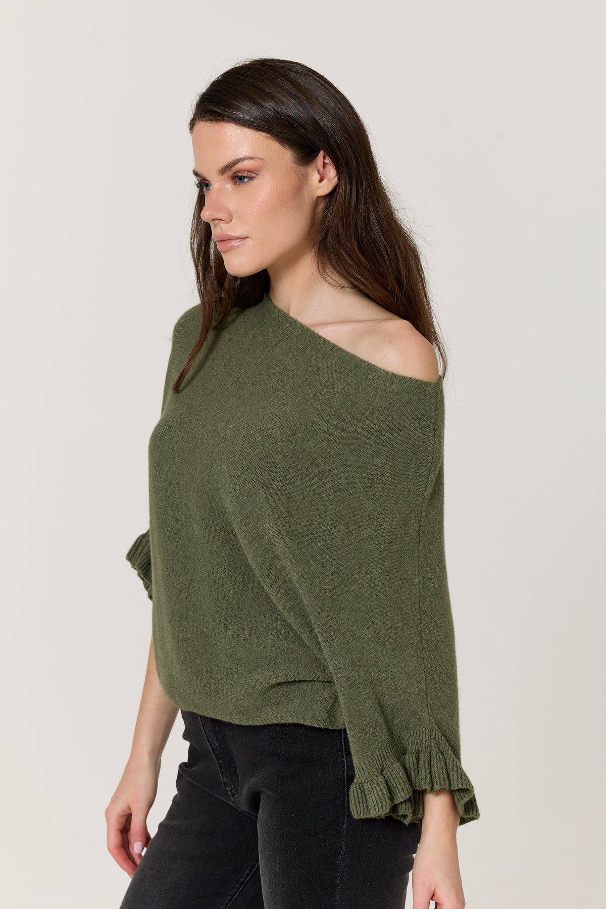 
                  
                    Khaki Ruffle Sleeve Batwing Jumper
                  
                