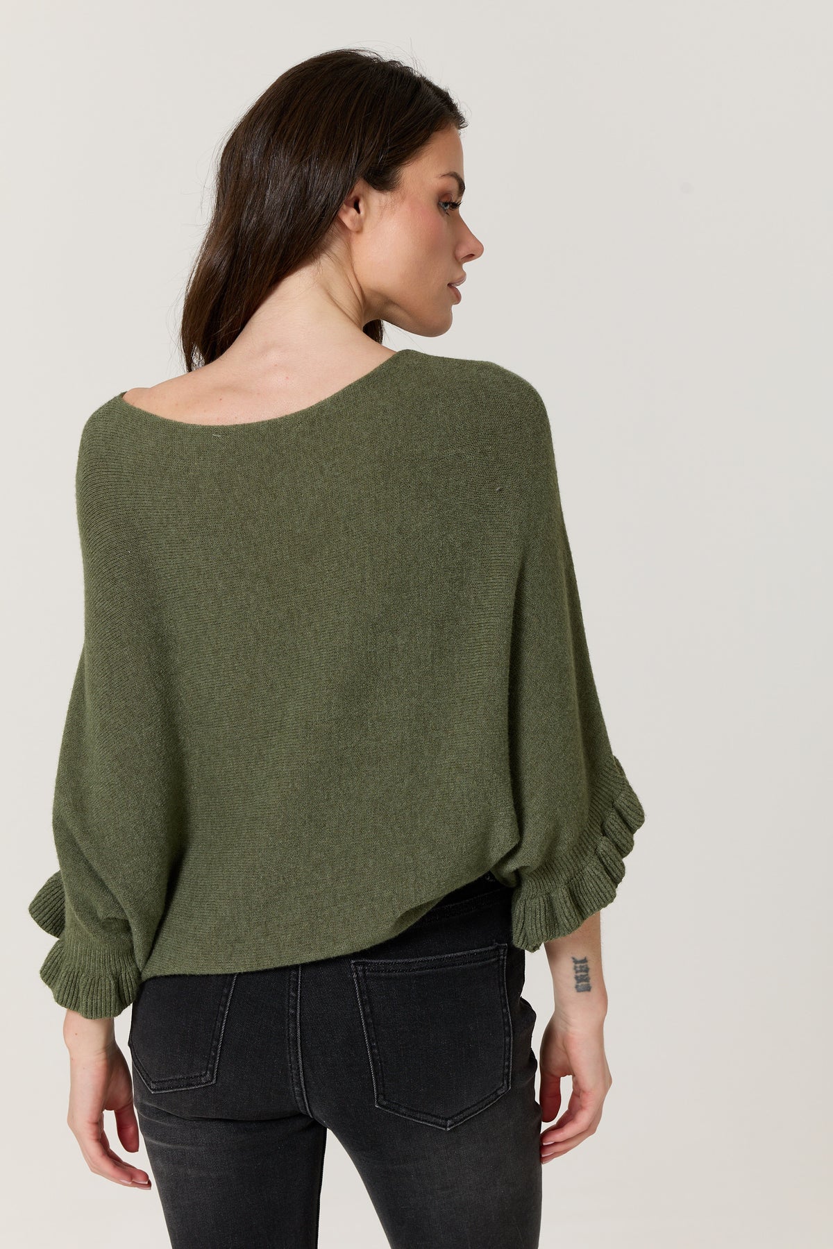 
                  
                    Khaki Ruffle Sleeve Batwing Jumper
                  
                