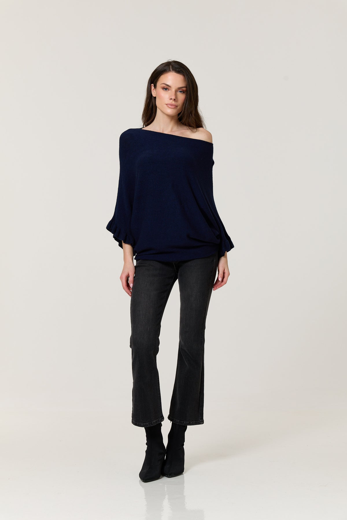 
                  
                    Navy Ruffle Sleeve Batwing Jumper
                  
                