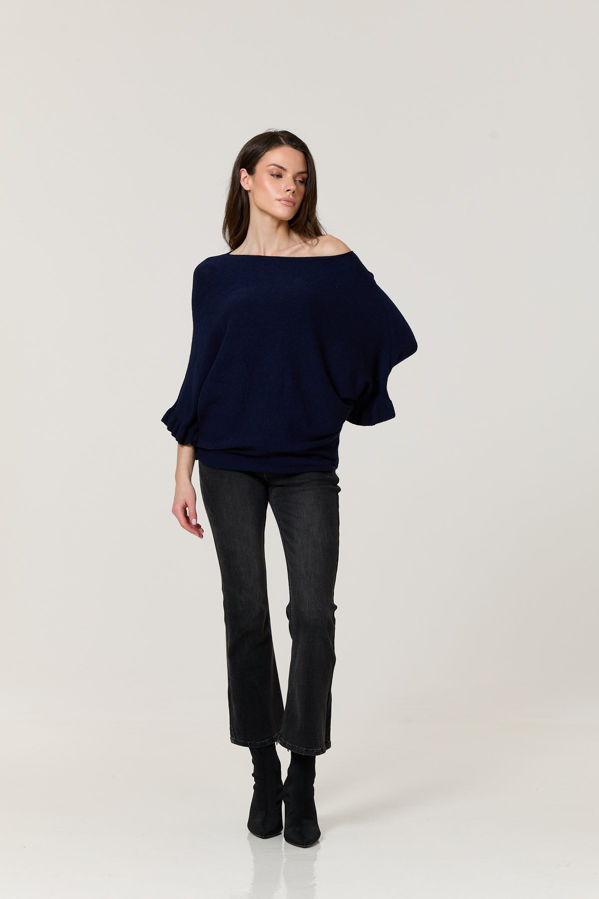 
                  
                    Navy Ruffle Sleeve Batwing Jumper
                  
                