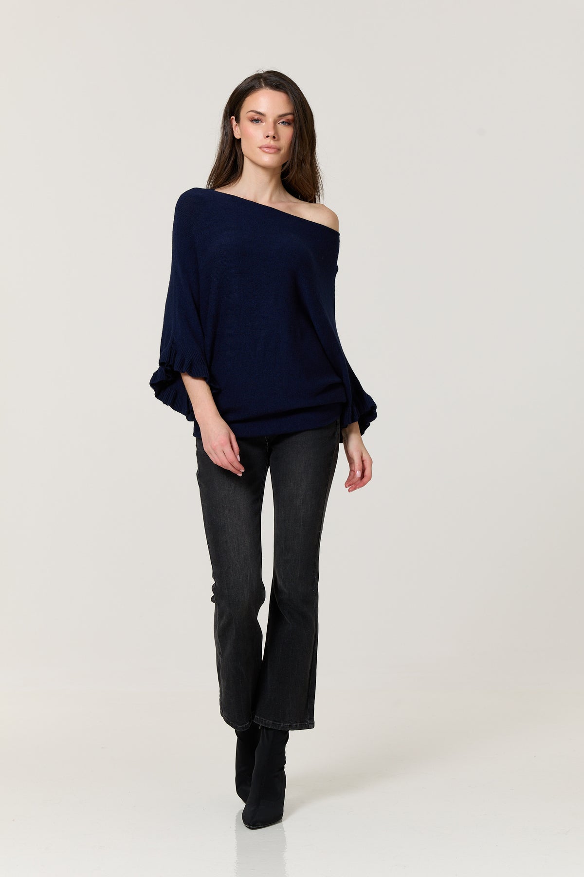 
                  
                    Navy Ruffle Sleeve Batwing Jumper
                  
                