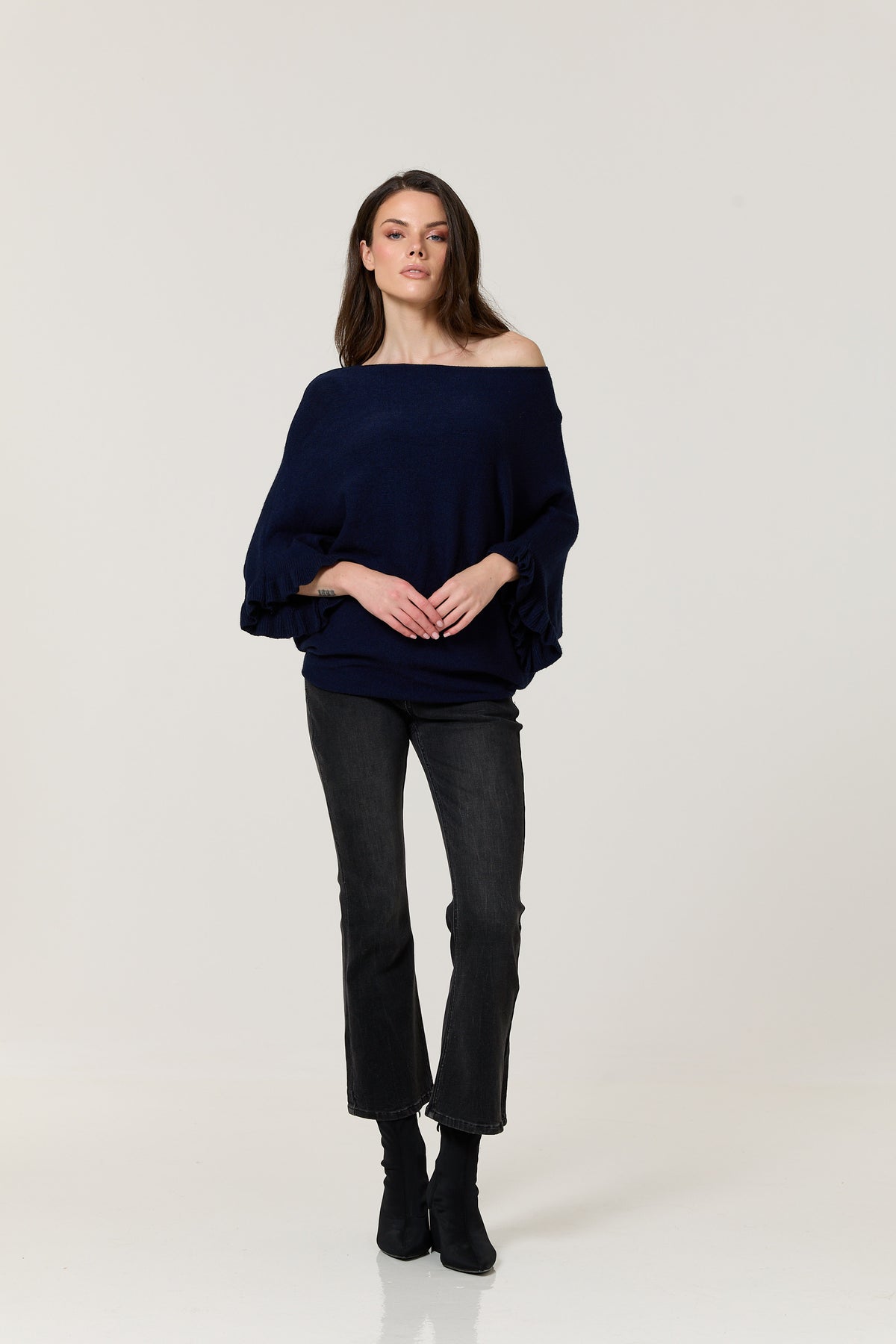 
                  
                    Navy Ruffle Sleeve Batwing Jumper
                  
                