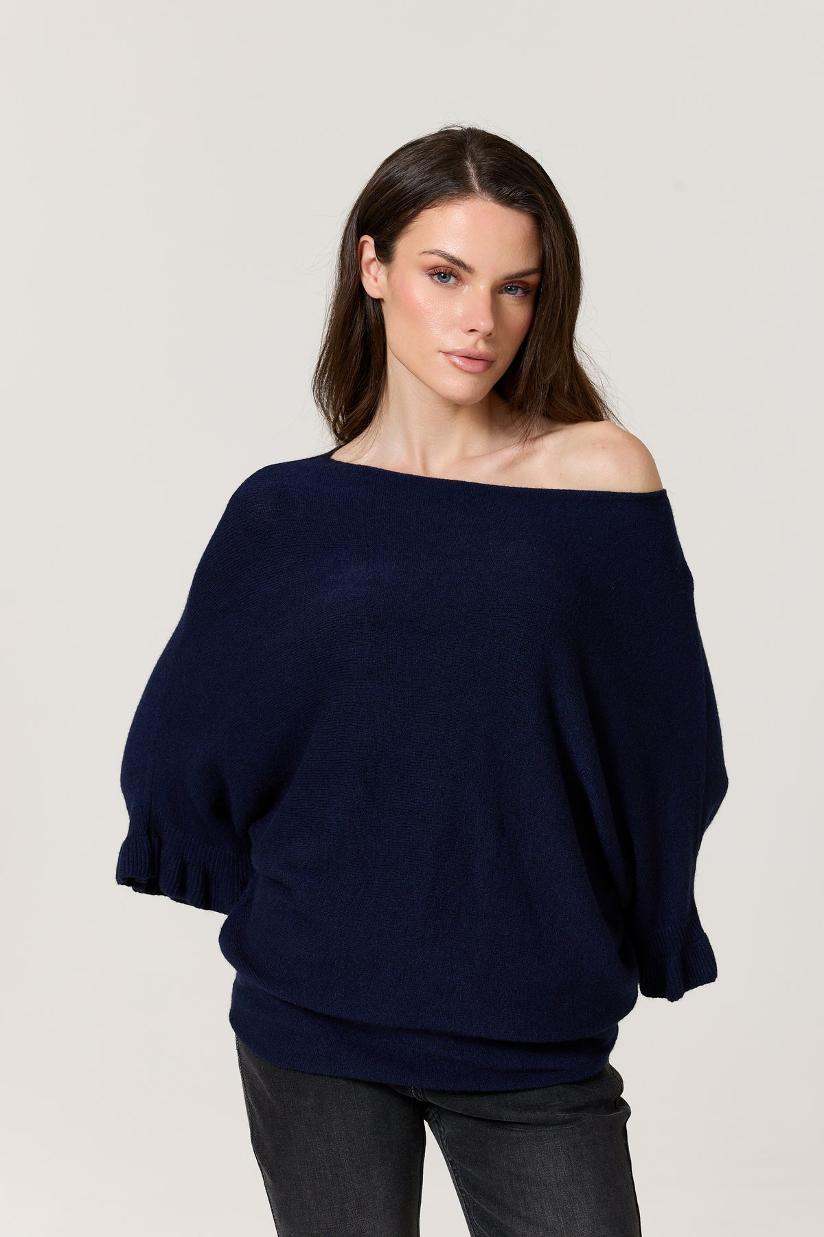 
                  
                    Navy Ruffle Sleeve Batwing Jumper
                  
                