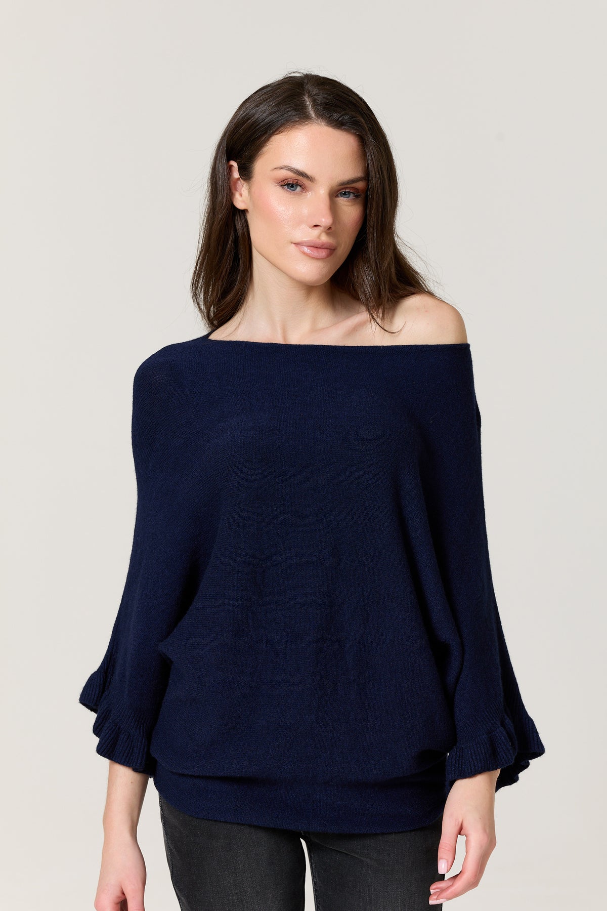 
                  
                    Navy Ruffle Sleeve Batwing Jumper
                  
                