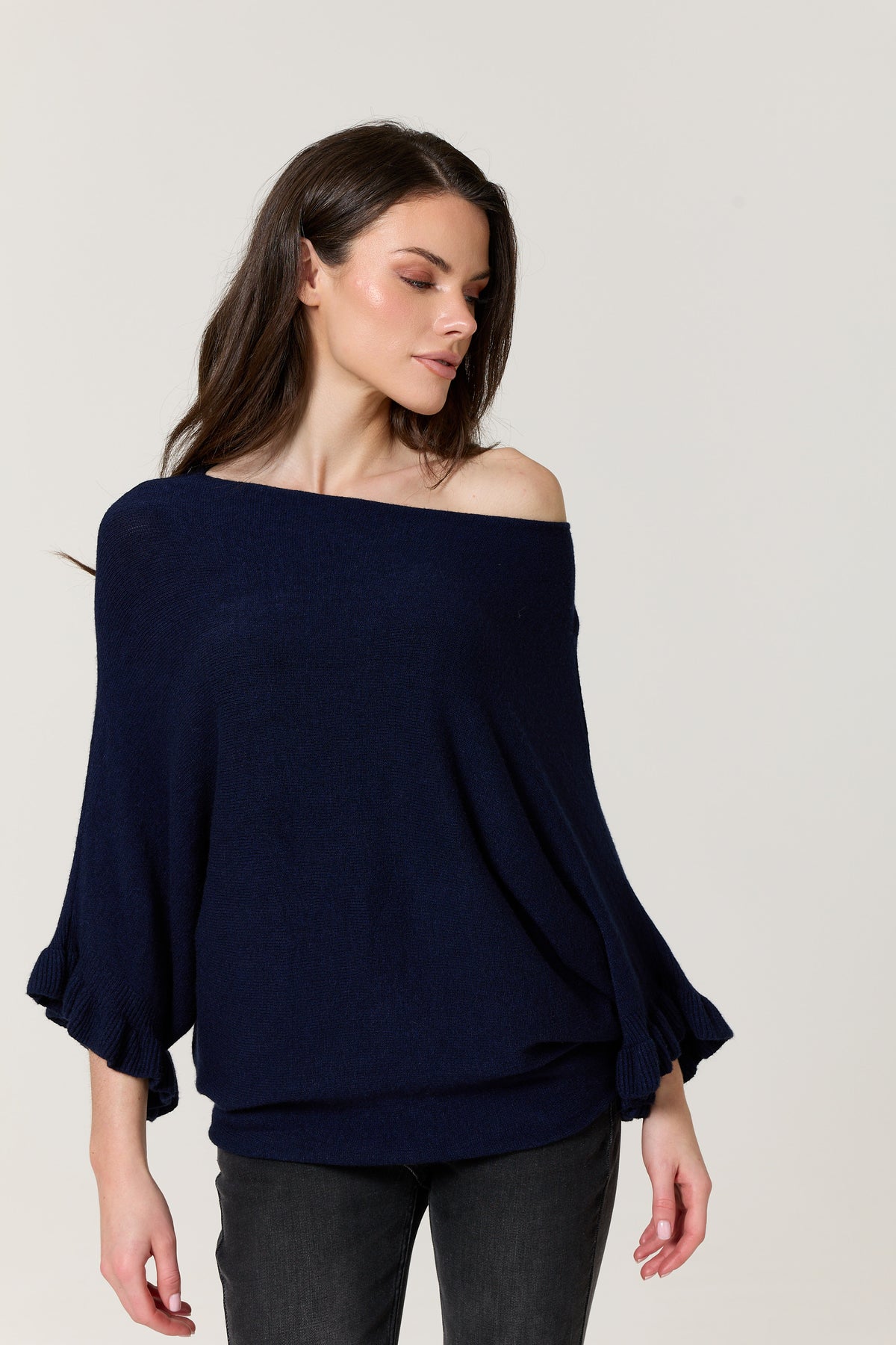 
                  
                    Navy Ruffle Sleeve Batwing Jumper
                  
                