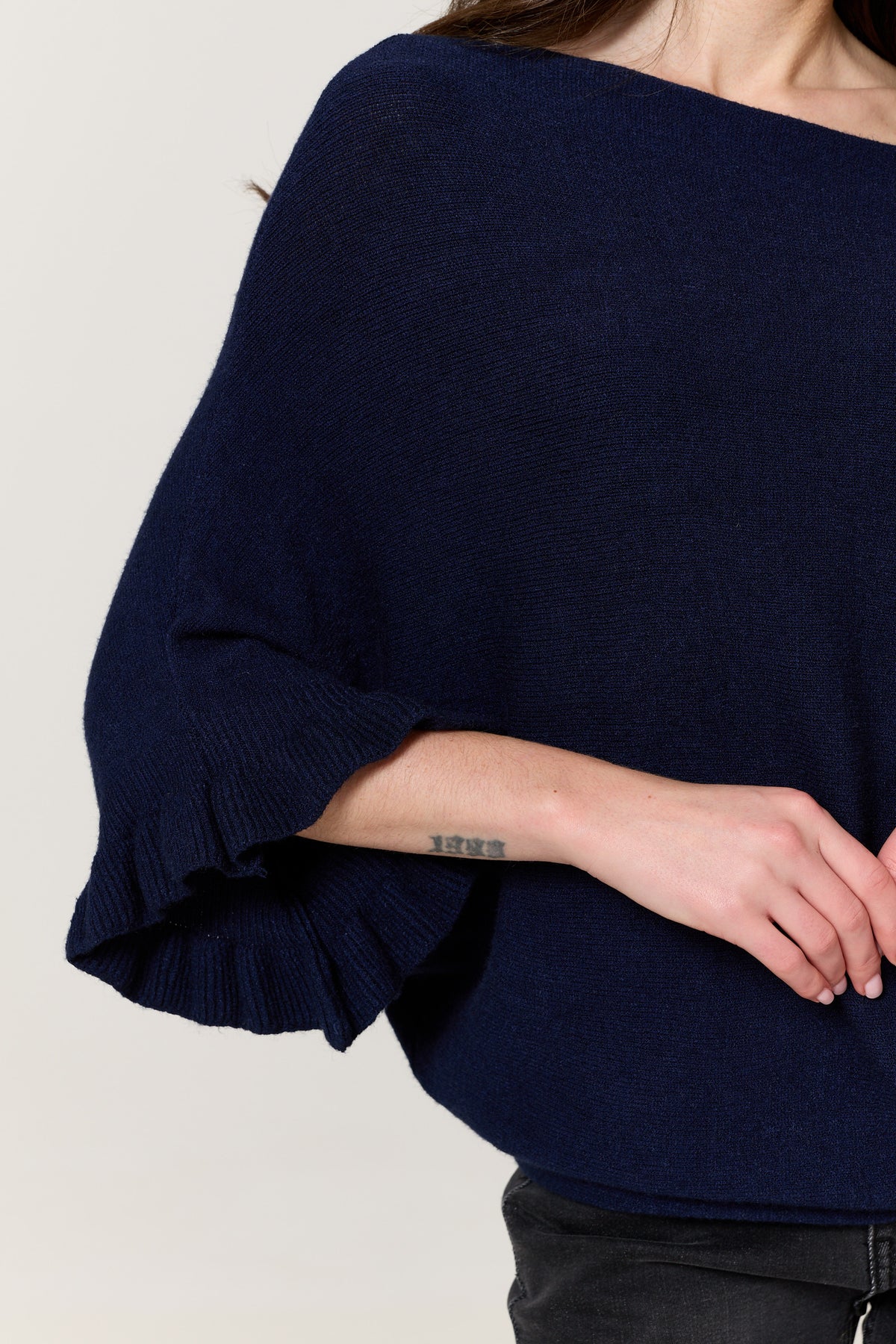 
                  
                    Navy Ruffle Sleeve Batwing Jumper
                  
                