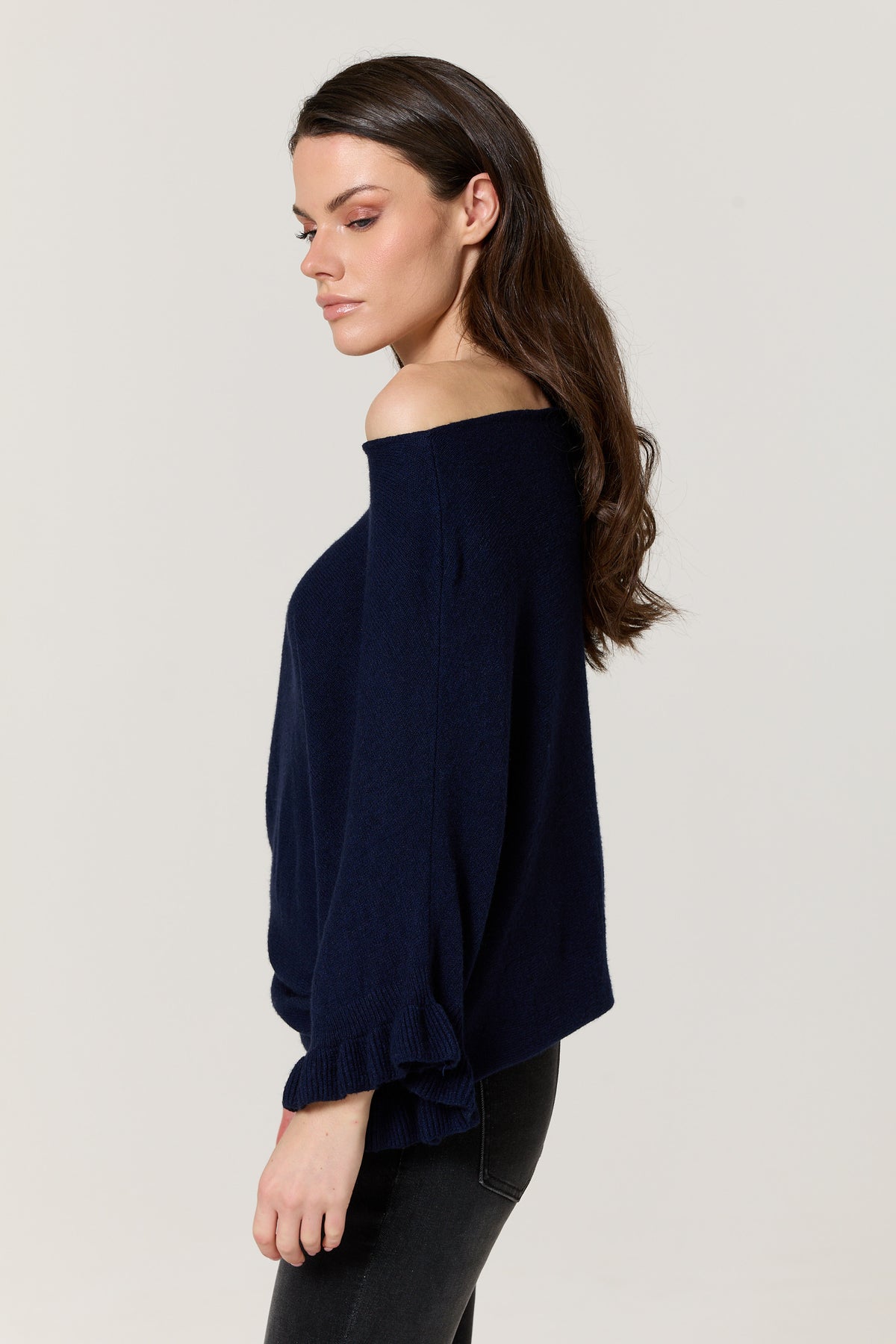 
                  
                    Navy Ruffle Sleeve Batwing Jumper
                  
                