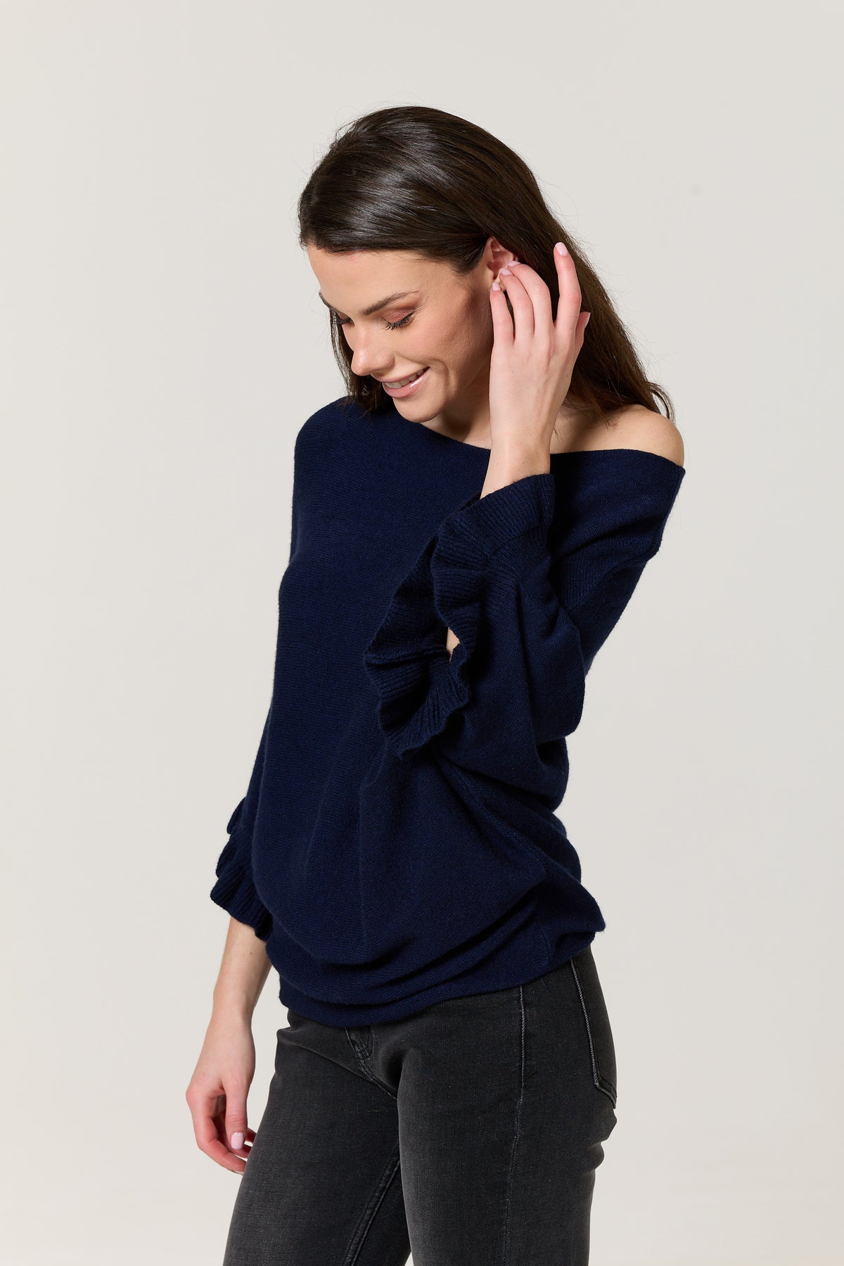 
                  
                    Navy Ruffle Sleeve Batwing Jumper
                  
                