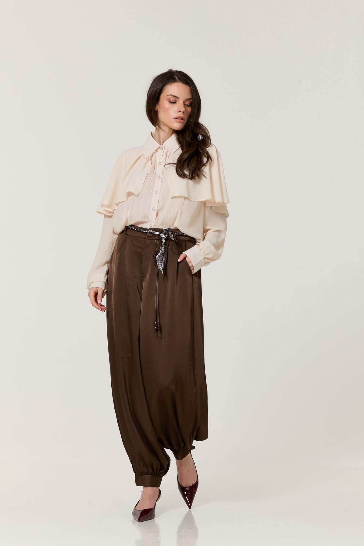 
                  
                    Brown Satin Balloon Trousers
                  
                