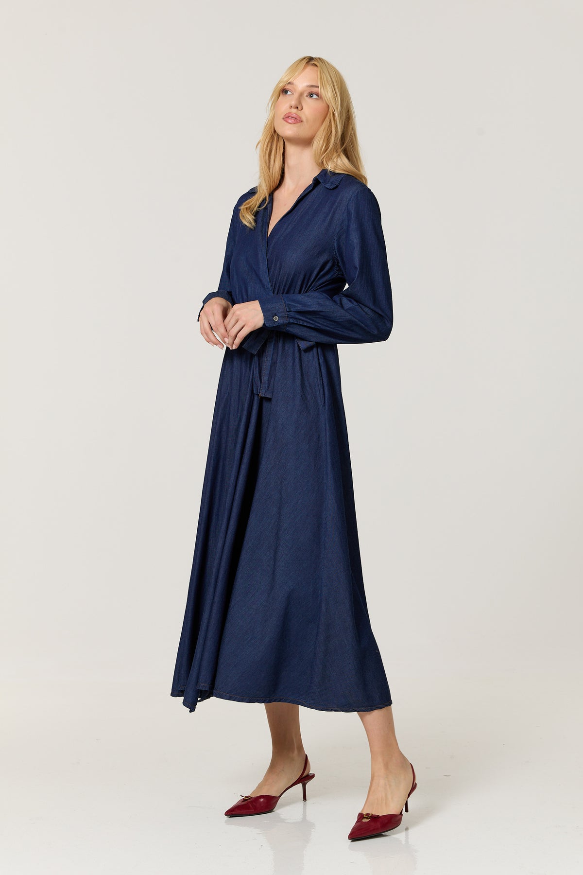 
                  
                    Cotton Denim Wrap Midi Dress
                  
                