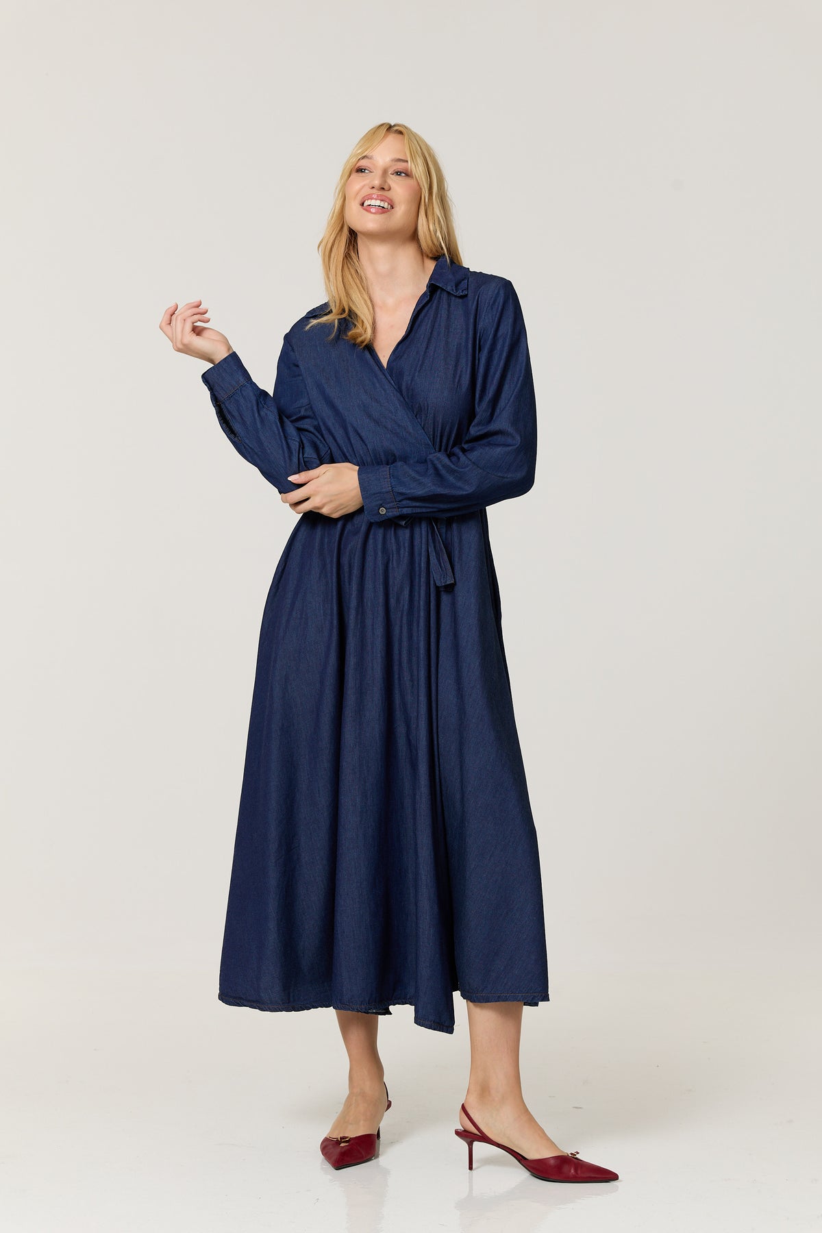 
                  
                    Cotton Denim Wrap Midi Dress
                  
                