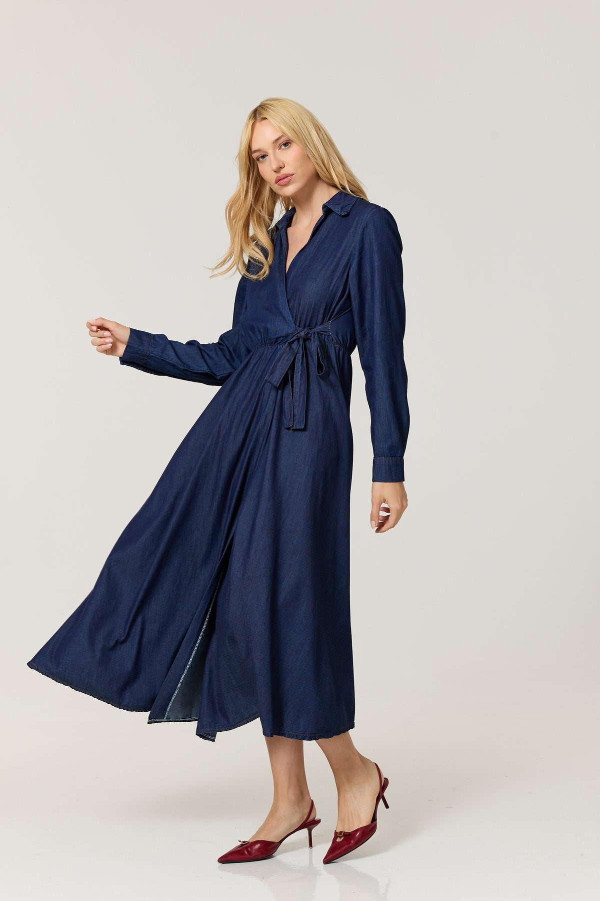 
                  
                    Cotton Denim Wrap Midi Dress
                  
                