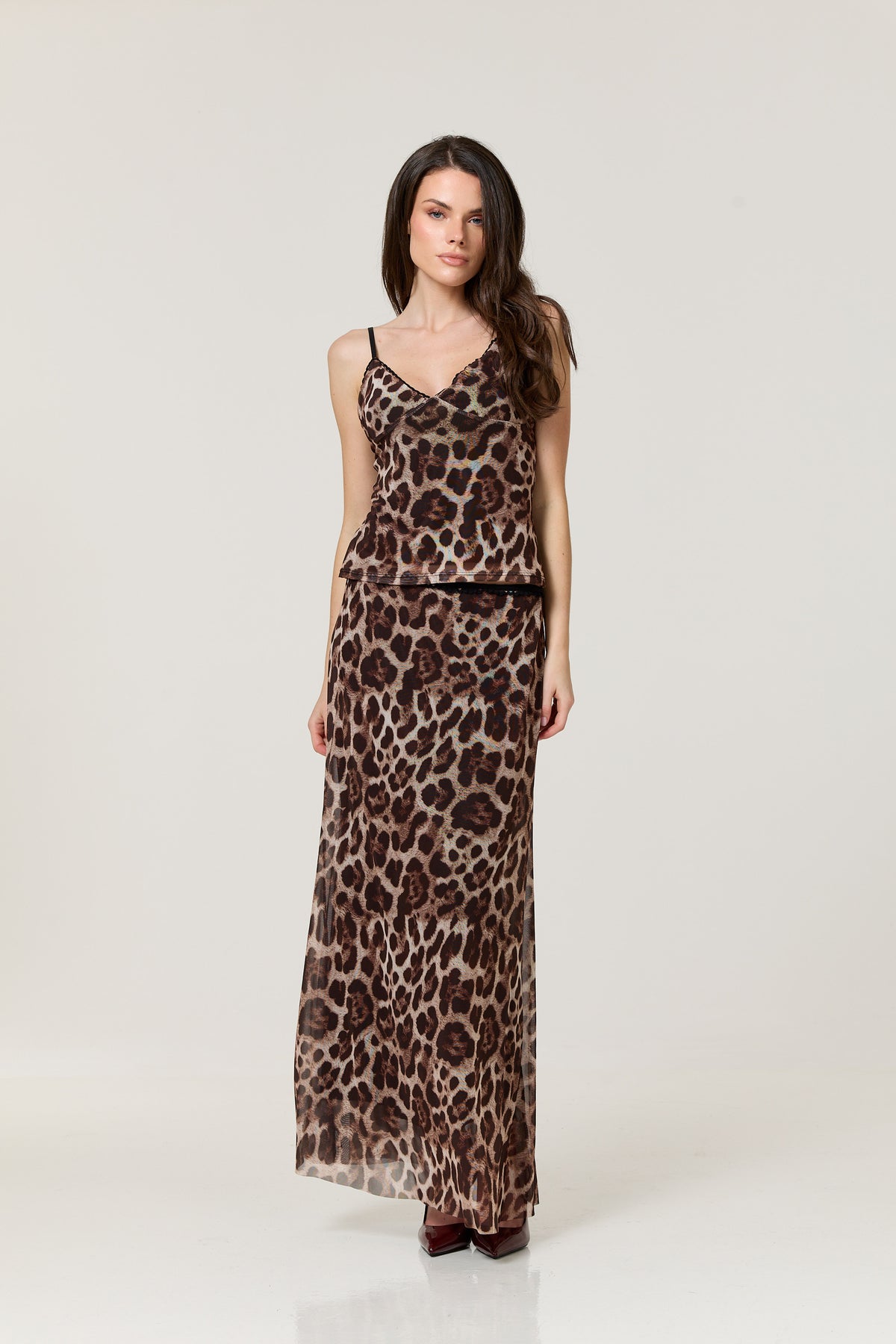 
                  
                    Leopard Print Mesh Cami & Maxi Skirt Set
                  
                