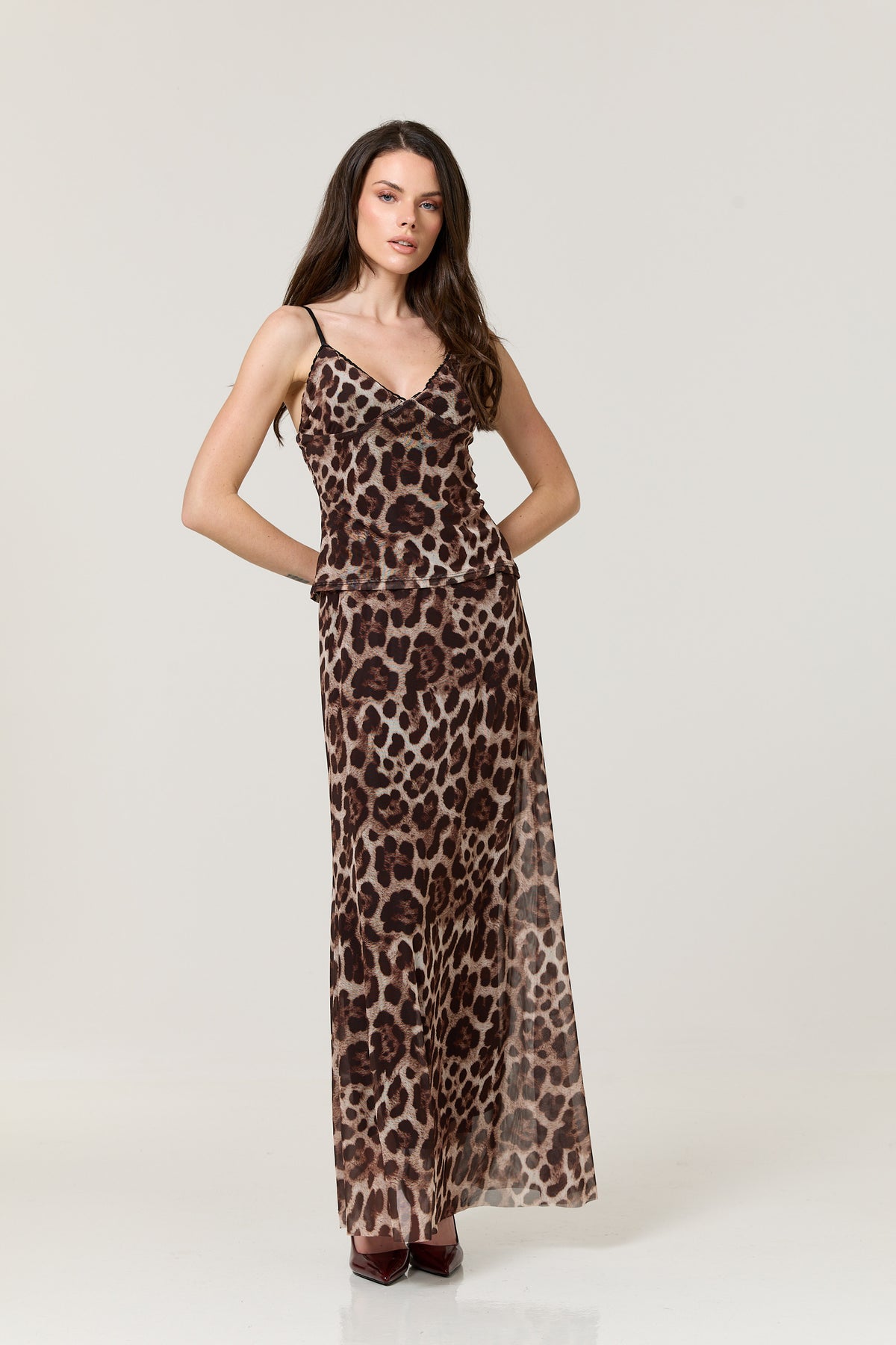 
                  
                    Leopard Print Mesh Cami & Maxi Skirt Set
                  
                