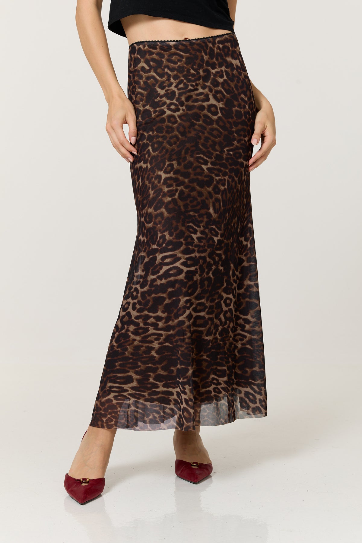 
                  
                    Brown Leopard Print Mesh Maxi Skirt
                  
                