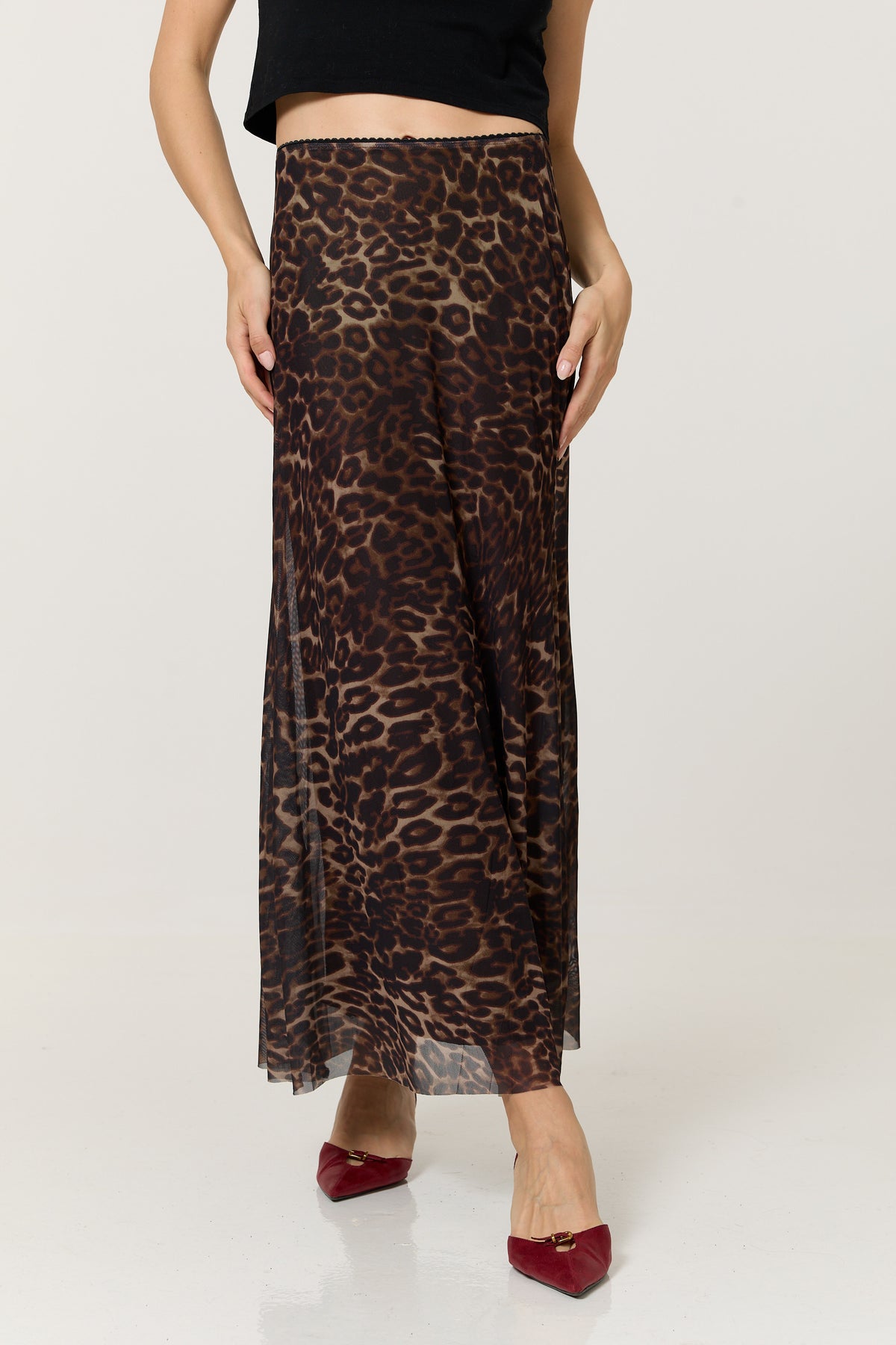 
                  
                    Brown Leopard Print Mesh Maxi Skirt
                  
                