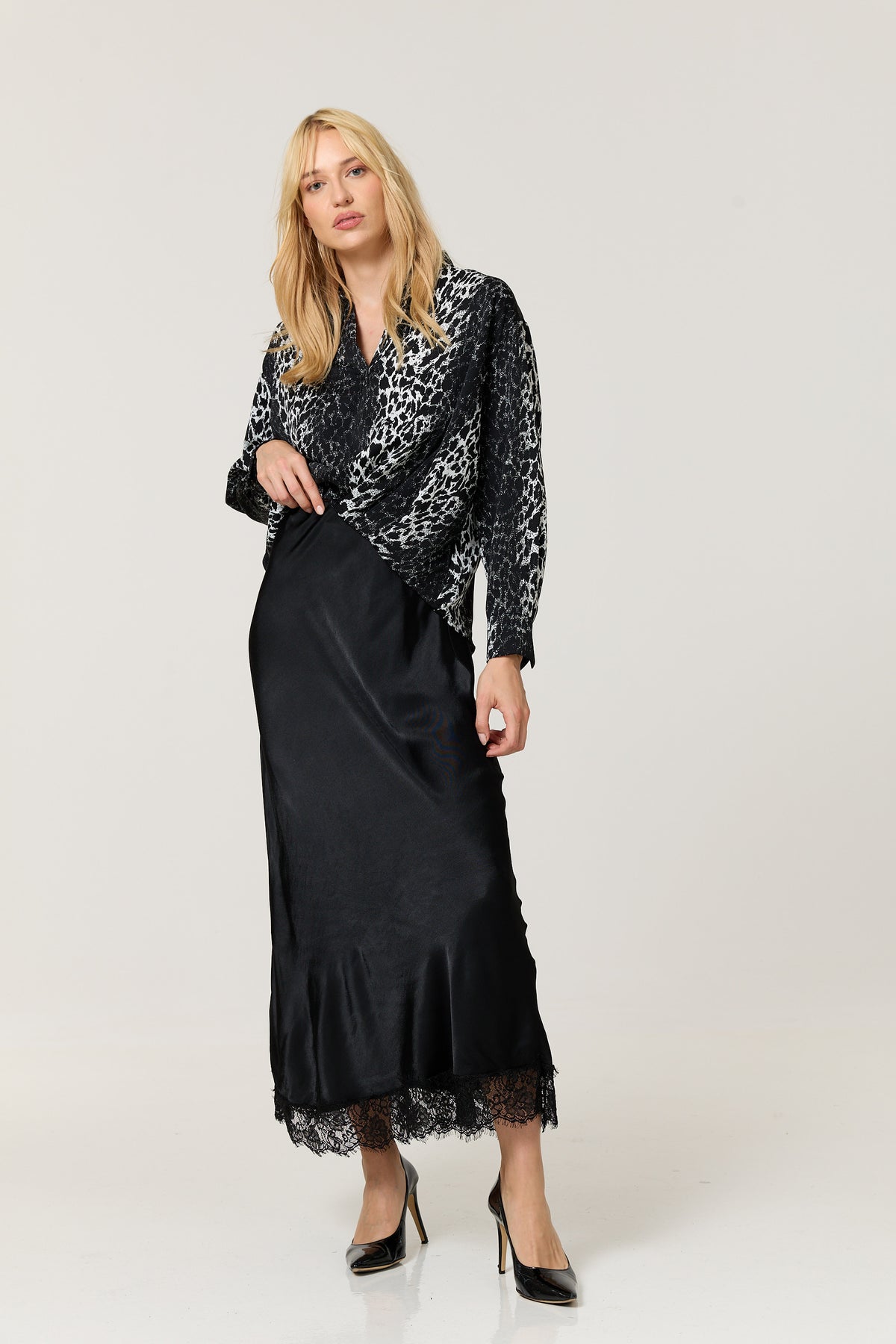 
                  
                    Black Satin Lace Hem Maxi Skirt
                  
                