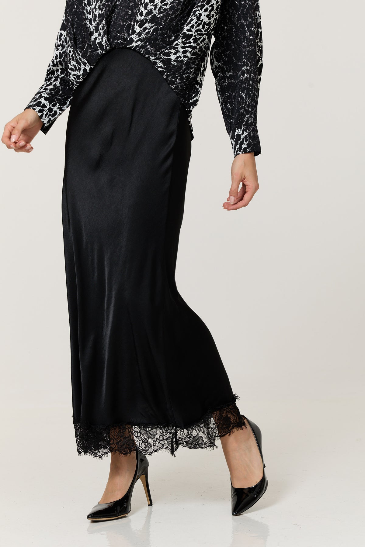 
                  
                    Black Satin Lace Hem Maxi Skirt
                  
                