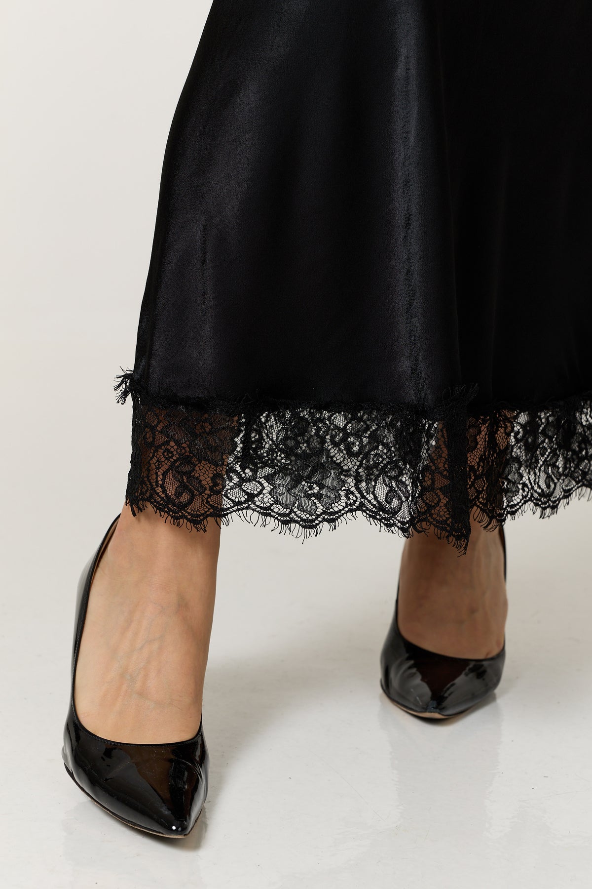
                  
                    Black Satin Lace Hem Maxi Skirt
                  
                