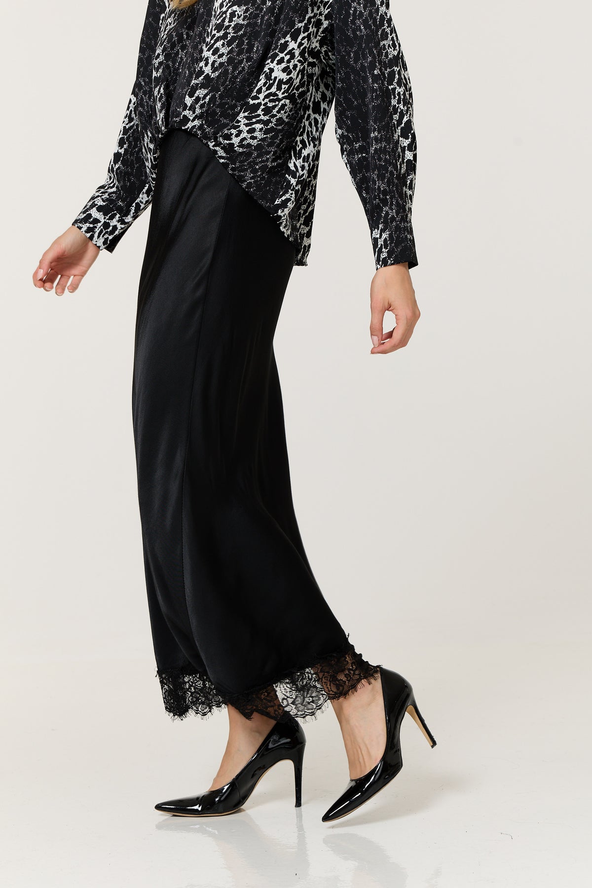 
                  
                    Black Satin Lace Hem Maxi Skirt
                  
                