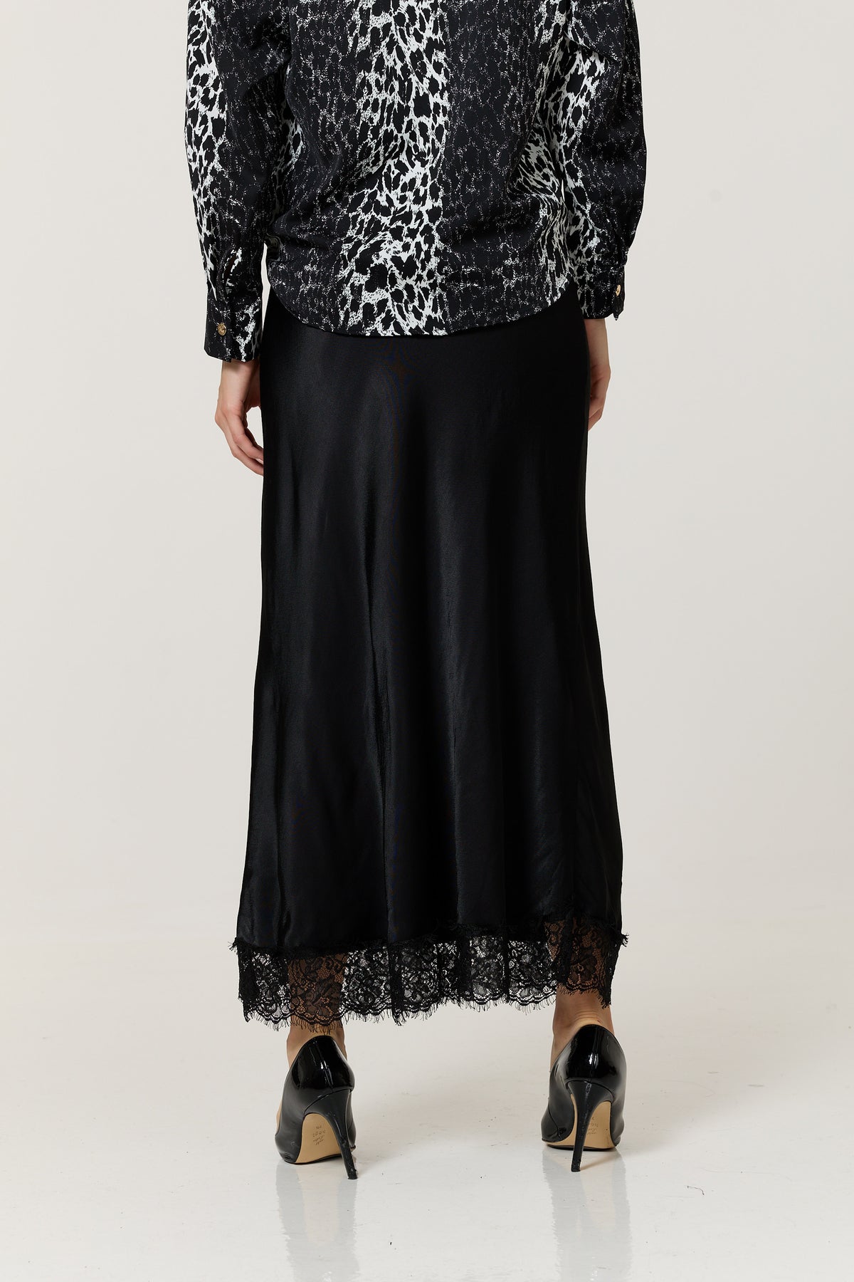 
                  
                    Black Satin Lace Hem Maxi Skirt
                  
                