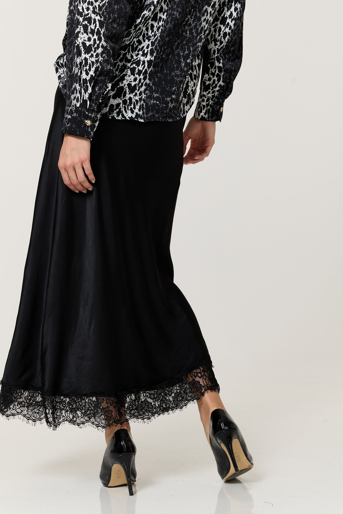 
                  
                    Black Satin Lace Hem Maxi Skirt
                  
                