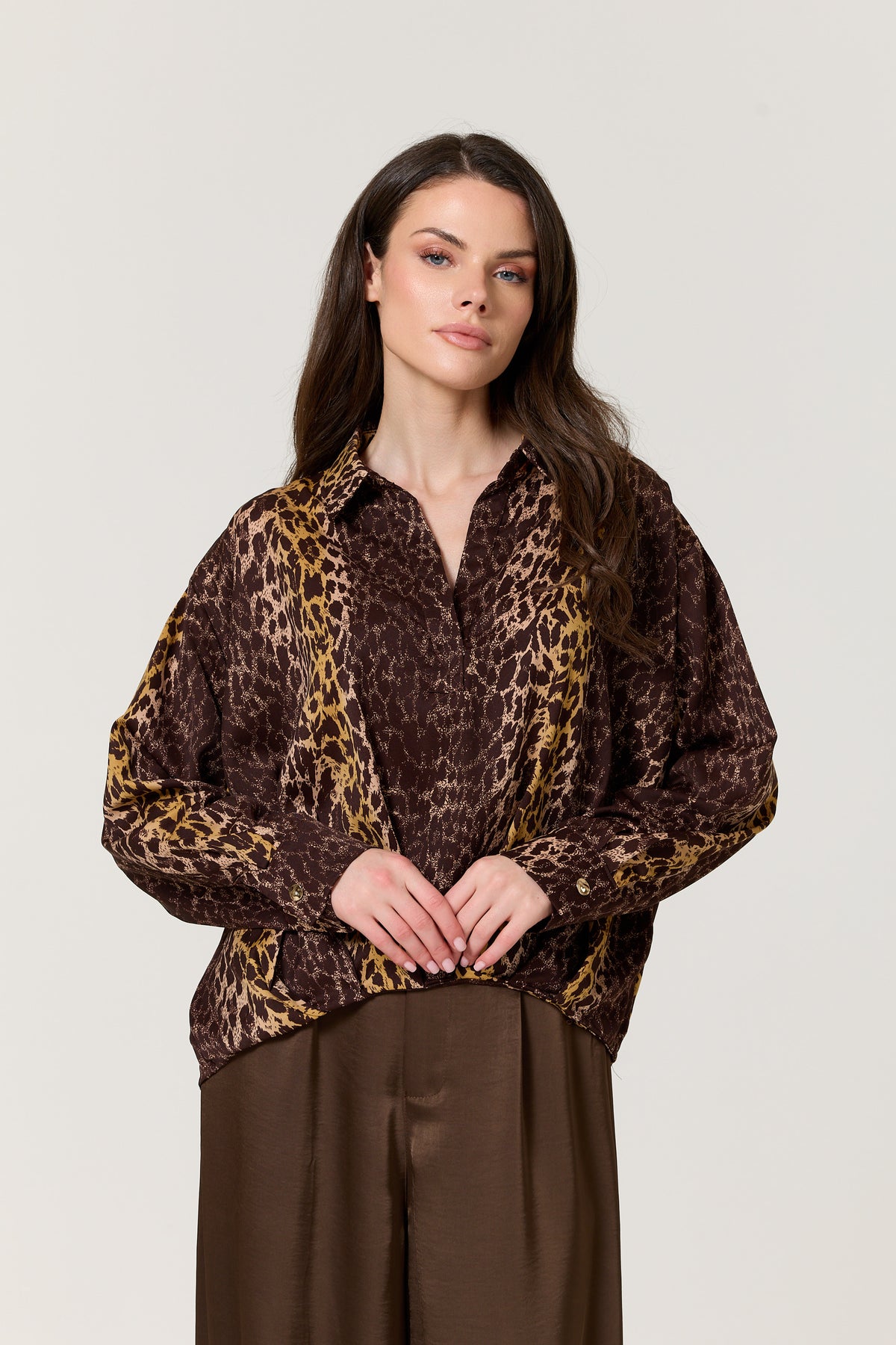 
                  
                    Brown Mixed Animal Print Satin Shirt
                  
                