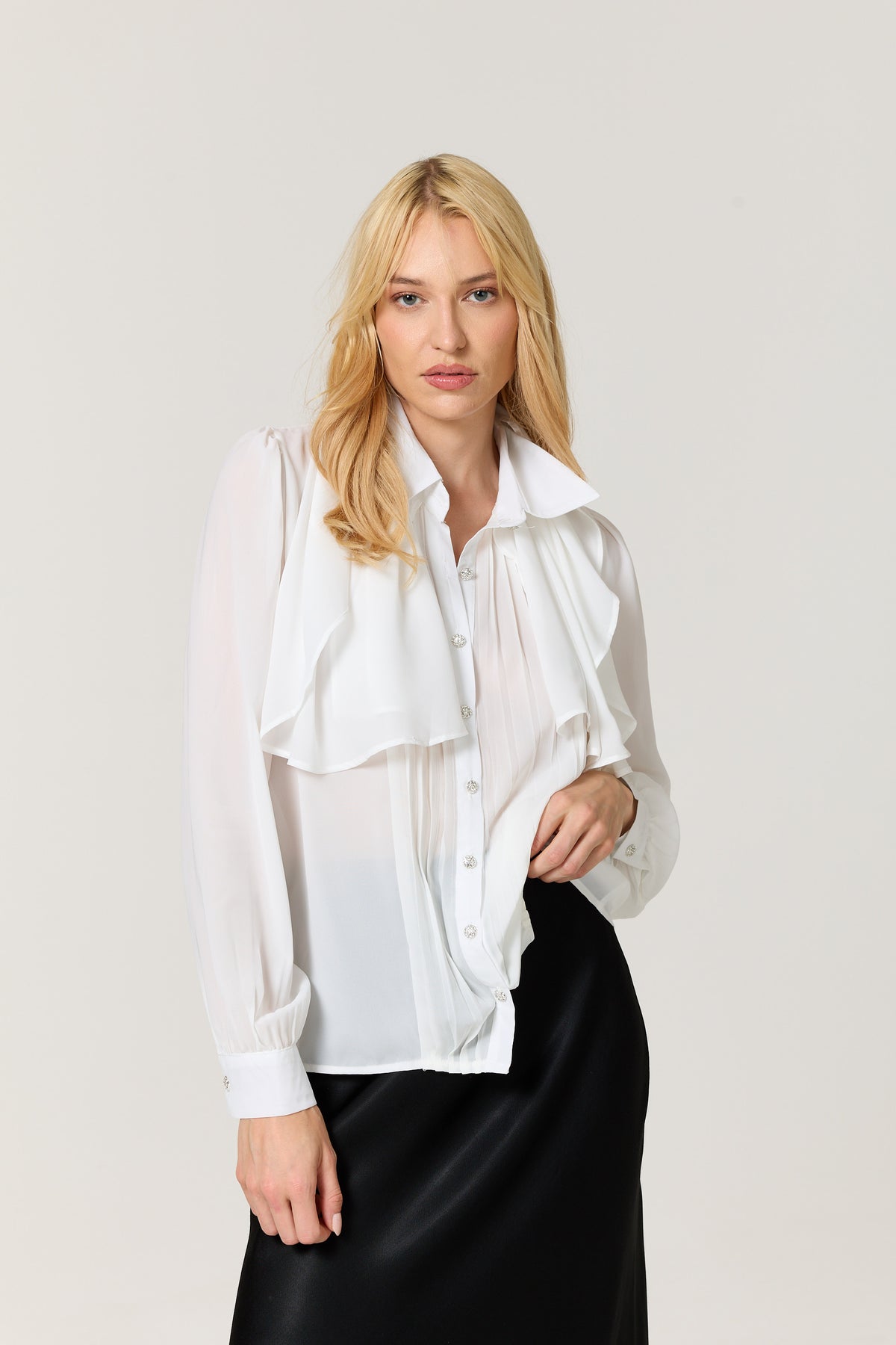 
                  
                    White Cape Detail Pleated Blouse
                  
                