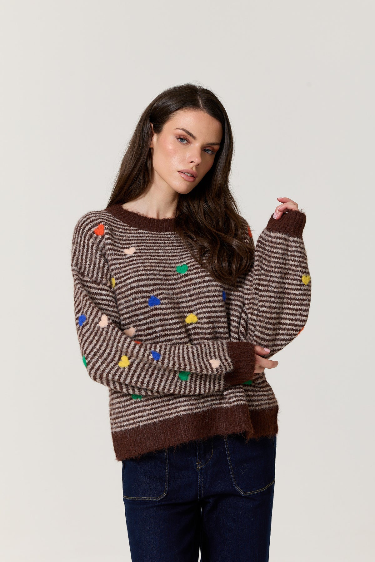 
                  
                    Brown Heart Stripe Wool Blend Jumper
                  
                