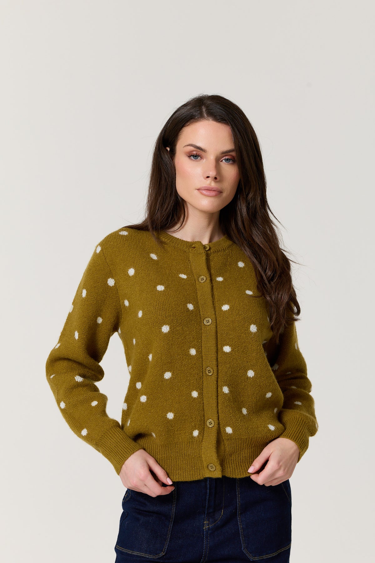 
                  
                    Olive Polka Dot Knitted Cardigan
                  
                