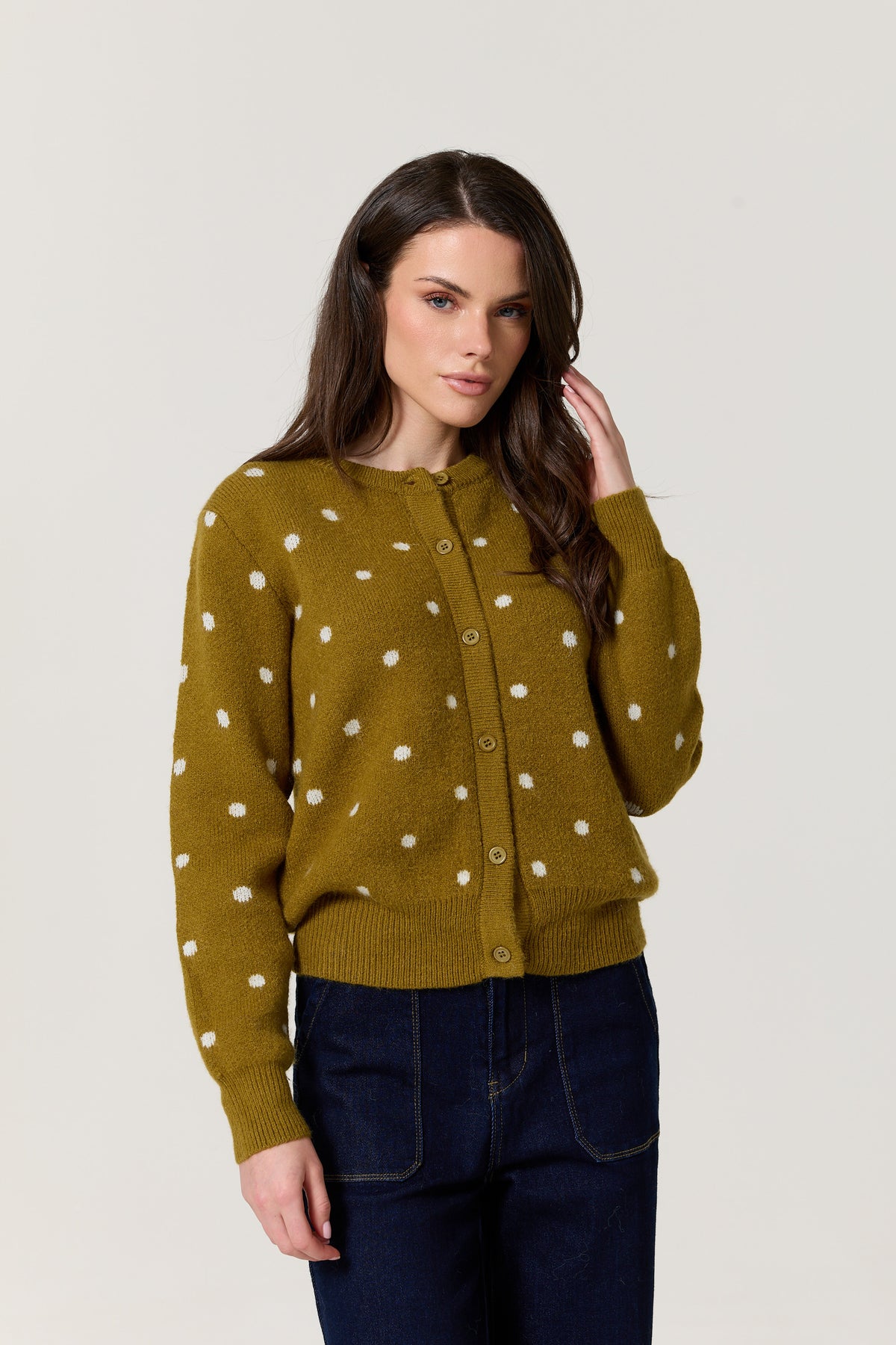 
                  
                    Olive Polka Dot Knitted Cardigan
                  
                