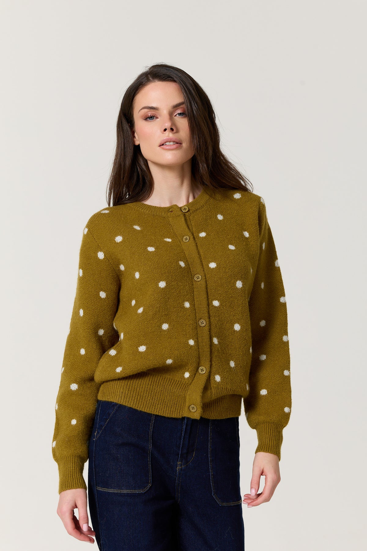 
                  
                    Olive Polka Dot Knitted Cardigan
                  
                