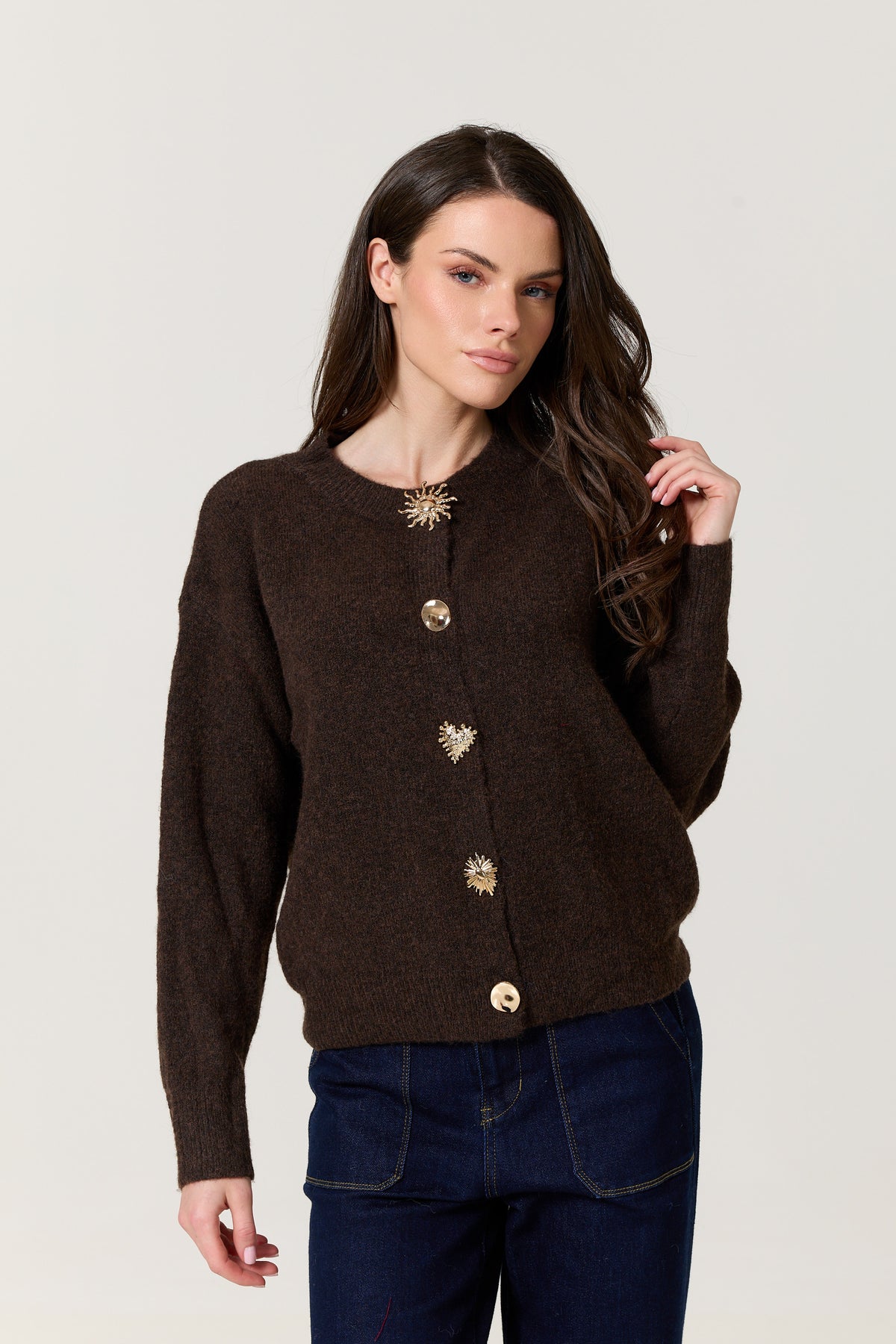 
                  
                    Brown Jewel Button Wool Blend Cardigan
                  
                