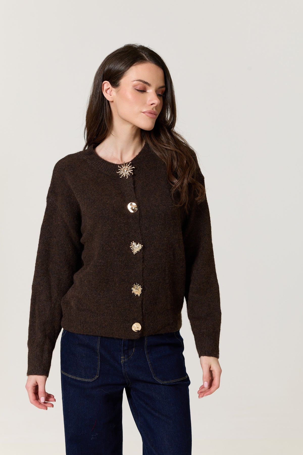 
                  
                    Brown Jewel Button Wool Blend Cardigan
                  
                