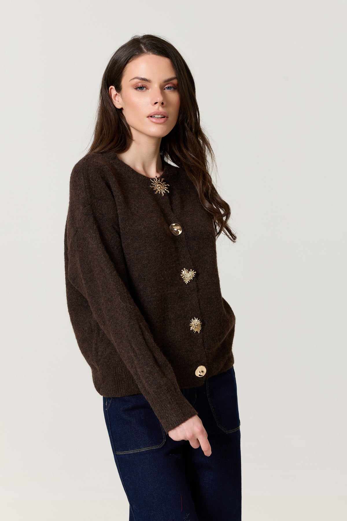 
                  
                    Brown Jewel Button Wool Blend Cardigan
                  
                
